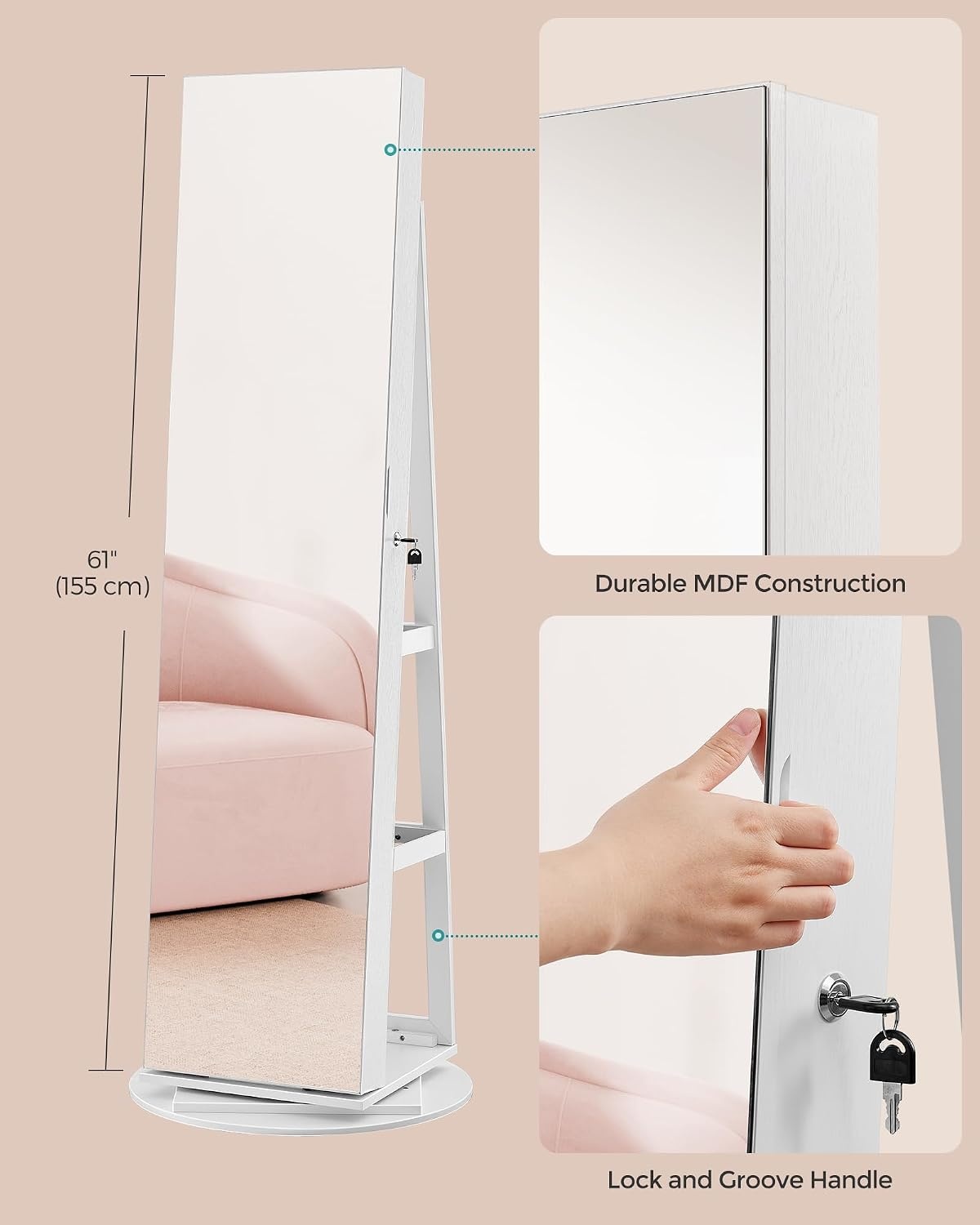 image:imageSONGMICS 6 LEDs Mirror Jewelry Cabinet Organizer 360 Swivel LockableWhite Greige
