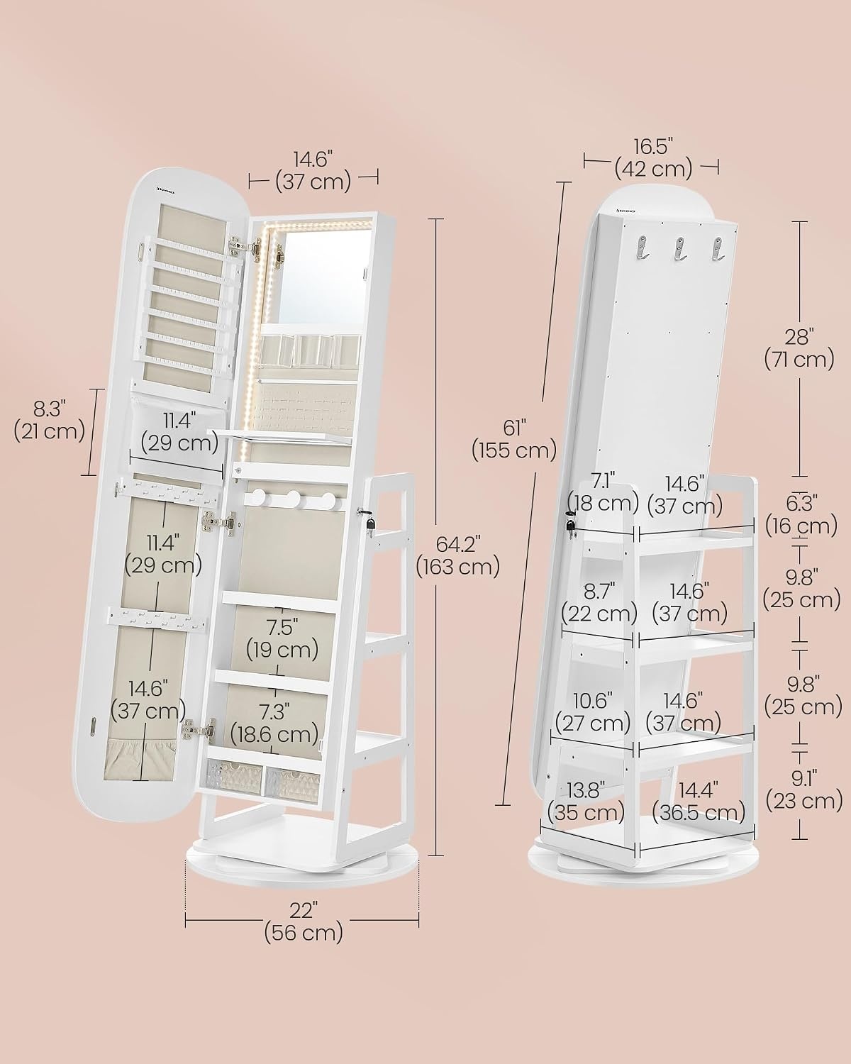 image:imageSONGMICS 6 LEDs Mirror Jewelry Cabinet Organizer 360 Swivel LockableWhite Greige