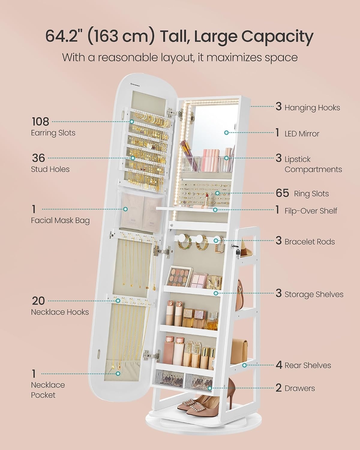 image:imageSONGMICS 6 LEDs Mirror Jewelry Cabinet Organizer 360 Swivel LockableWhite Greige