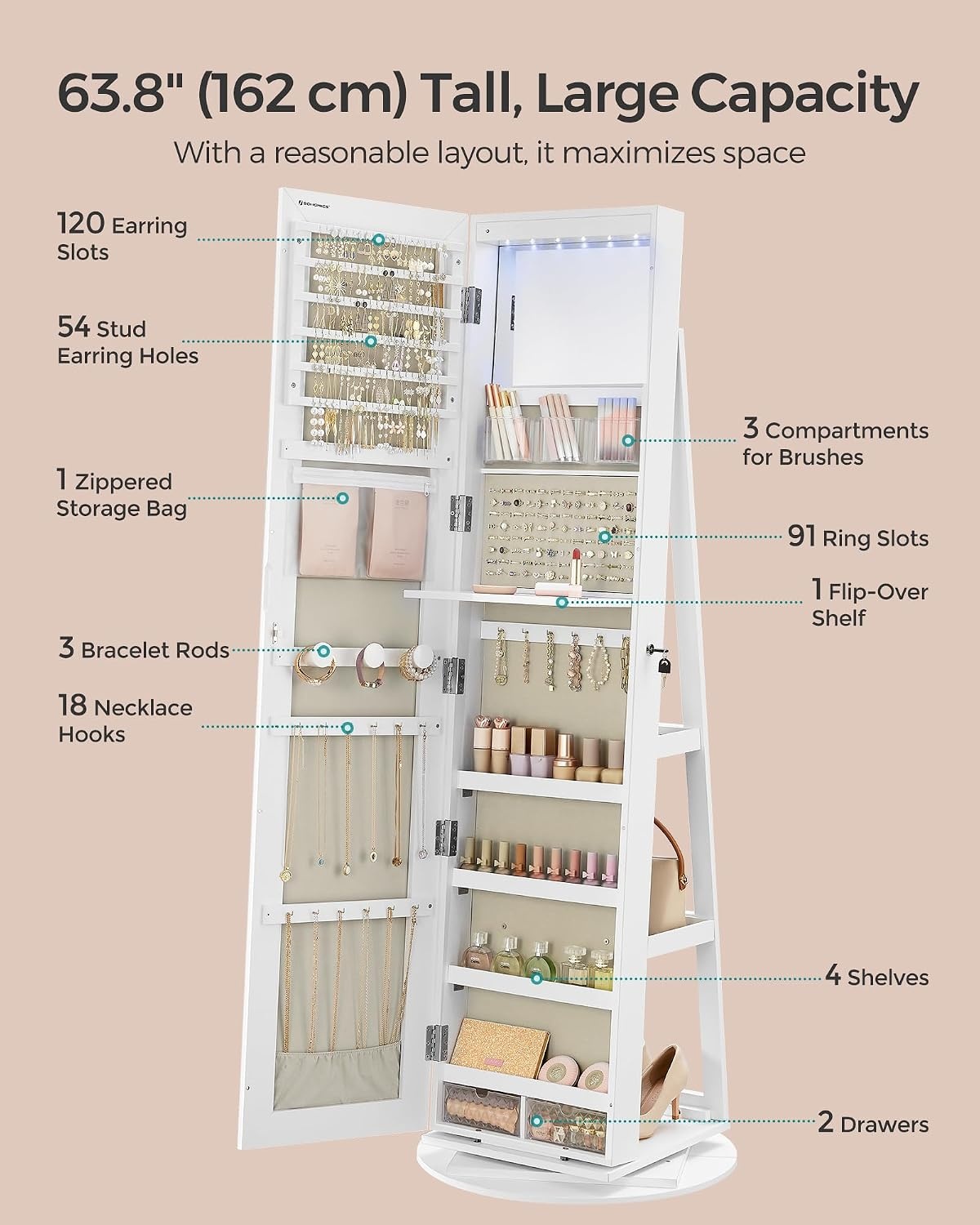 image:imageSONGMICS 6 LEDs Mirror Jewelry Cabinet Organizer 360 Swivel LockableWhite Greige