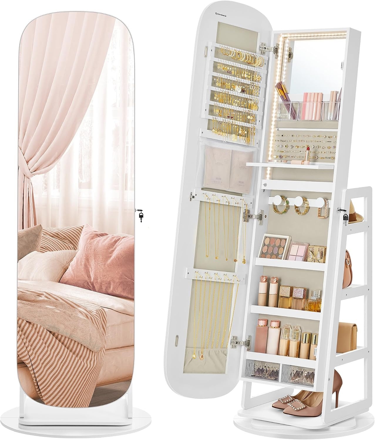 image:imageSONGMICS 6 LEDs Mirror Jewelry Cabinet Organizer 360 Swivel LockableWhite Greige
