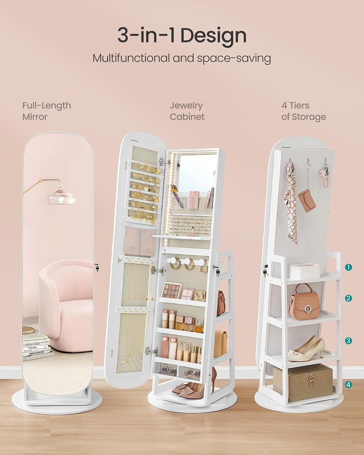 image:imageSONGMICS 6 LEDs Mirror Jewelry Cabinet Organizer 360 Swivel LockableWhite Greige