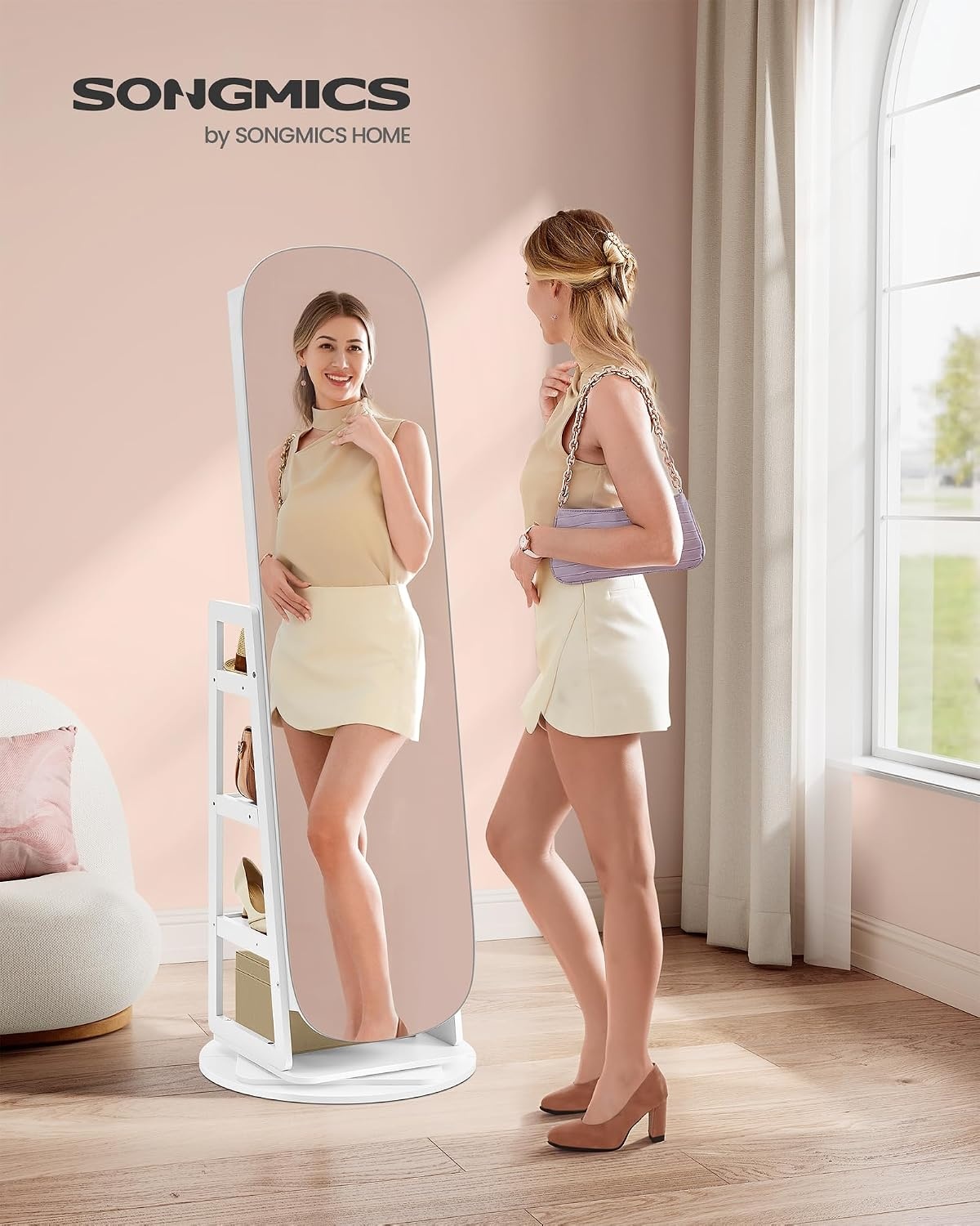 image:imageSONGMICS 6 LEDs Mirror Jewelry Cabinet Organizer 360 Swivel LockableWhite Greige