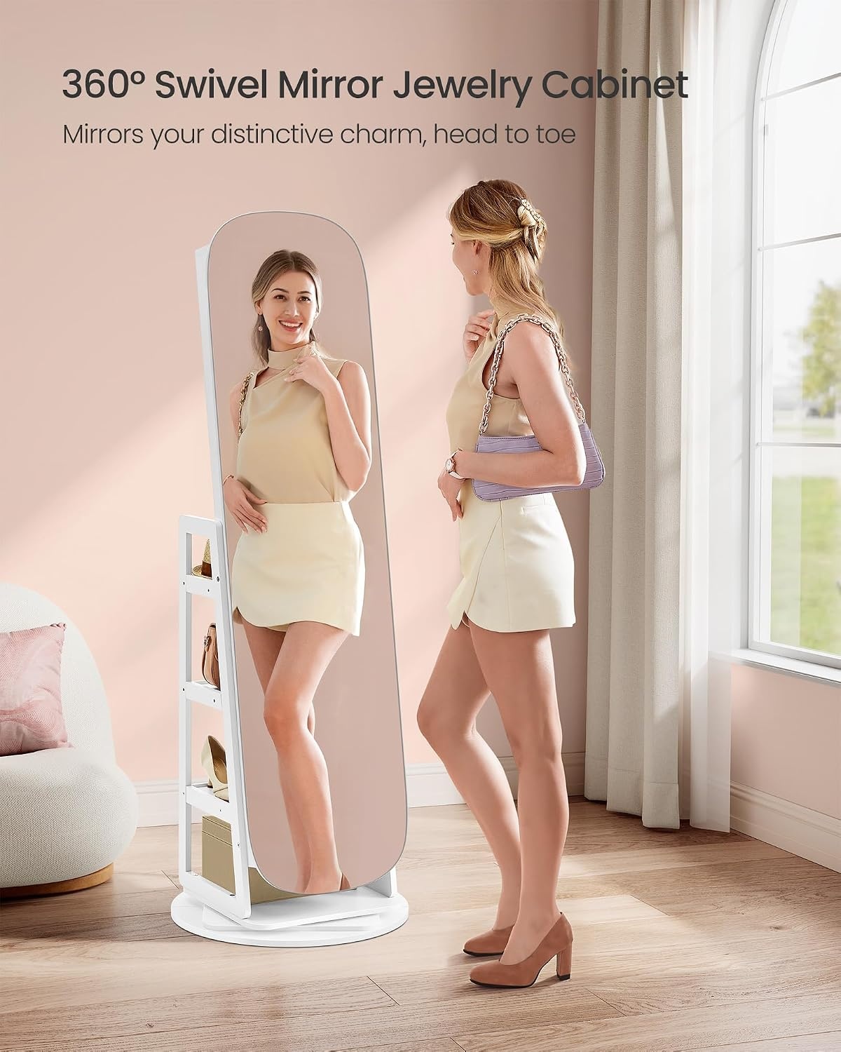 image:imageSONGMICS 6 LEDs Mirror Jewelry Cabinet Organizer 360 Swivel LockableWhite Greige