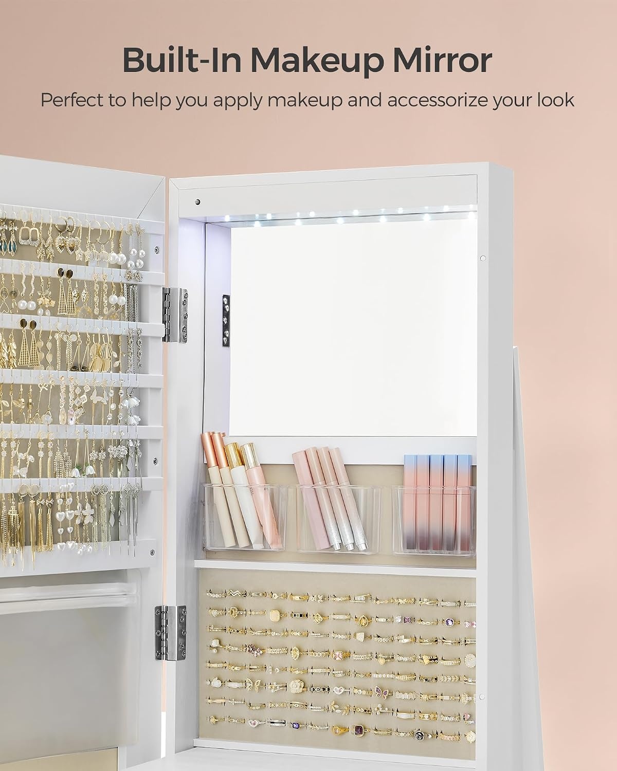 image:imageSONGMICS 6 LEDs Mirror Jewelry Cabinet Organizer 360 Swivel LockableWhite Greige