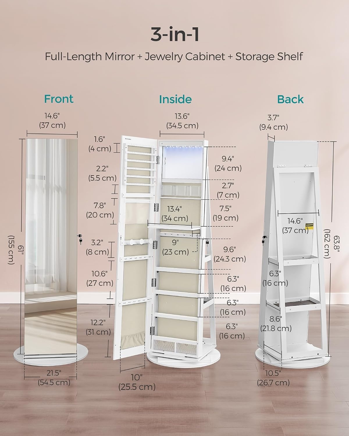 image:imageSONGMICS 6 LEDs Mirror Jewelry Cabinet Organizer 360 Swivel LockableWhite Greige