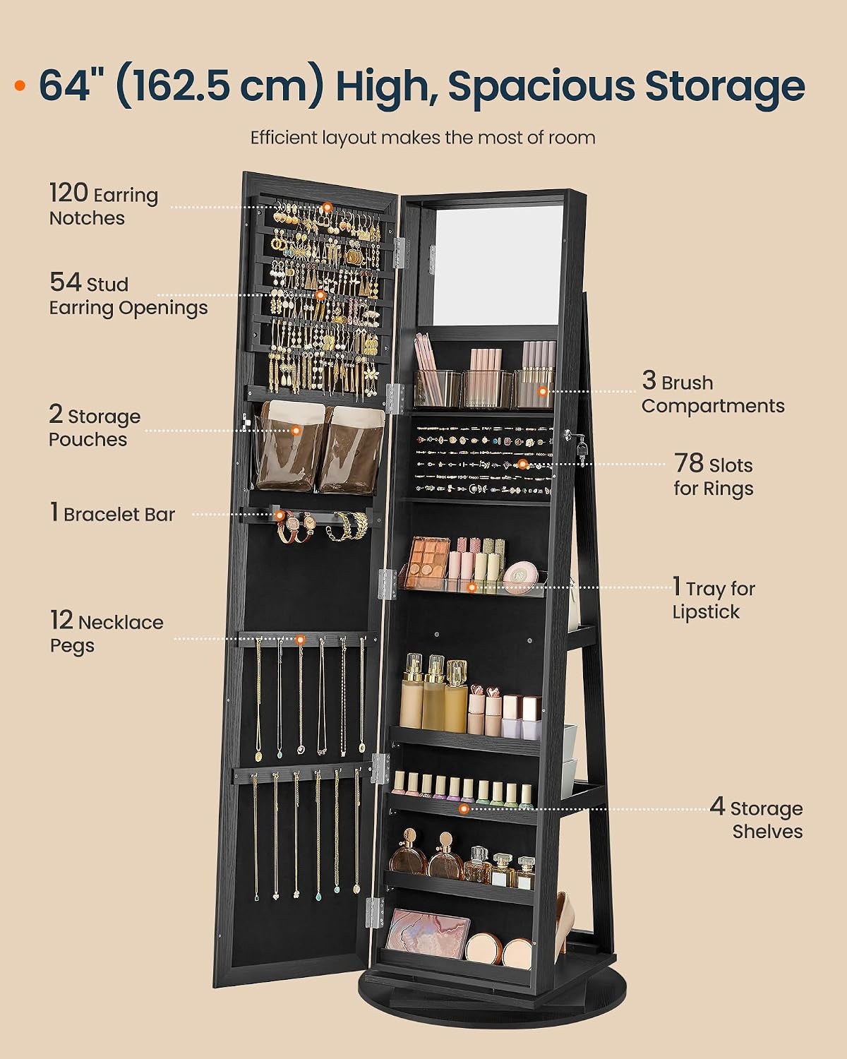 image:imageSONGMICS HOME LED Standing Jewelry Armoire Vanity Mirror with StorageBlack