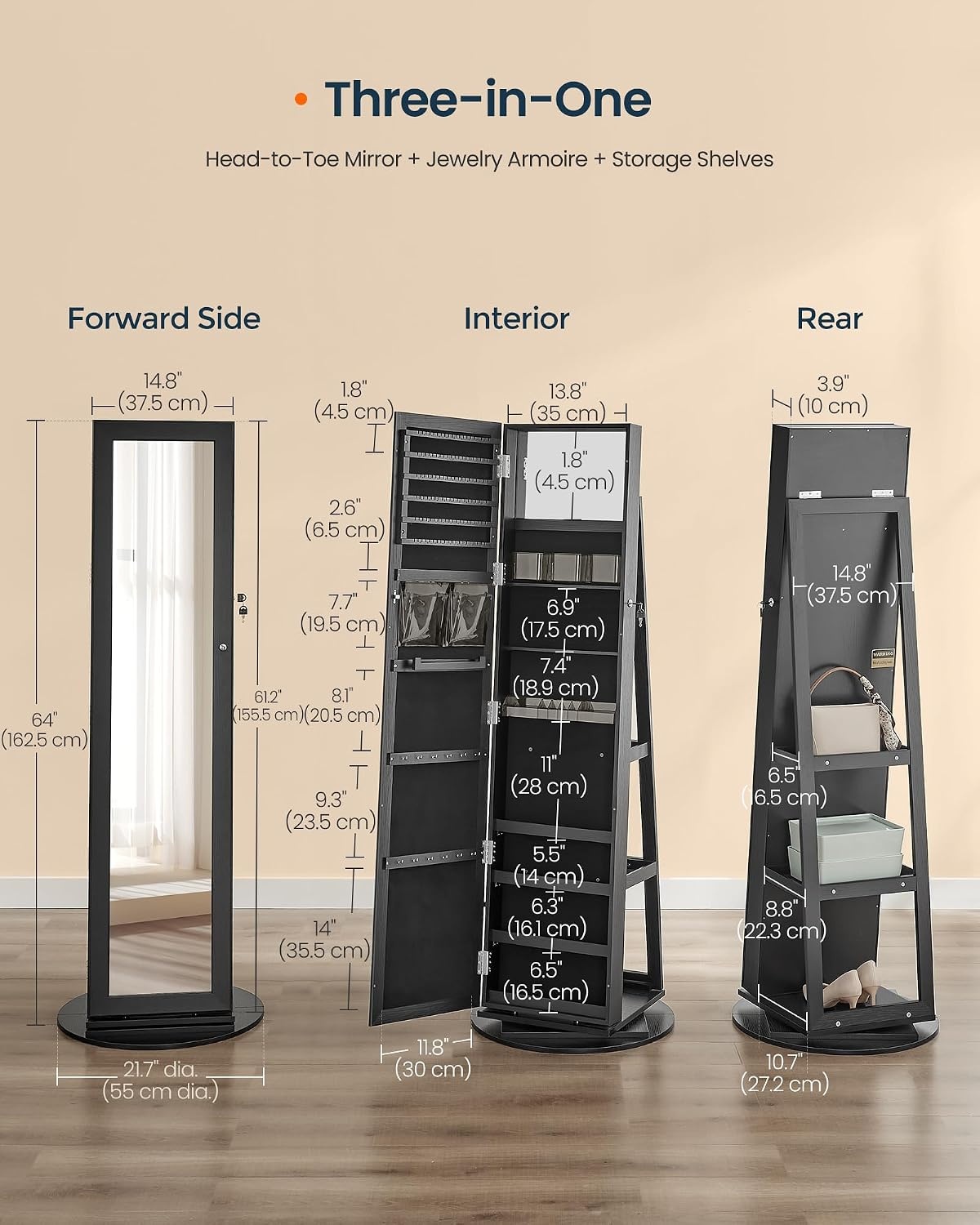 image:imageSONGMICS HOME LED Standing Jewelry Armoire Vanity Mirror with StorageBlack