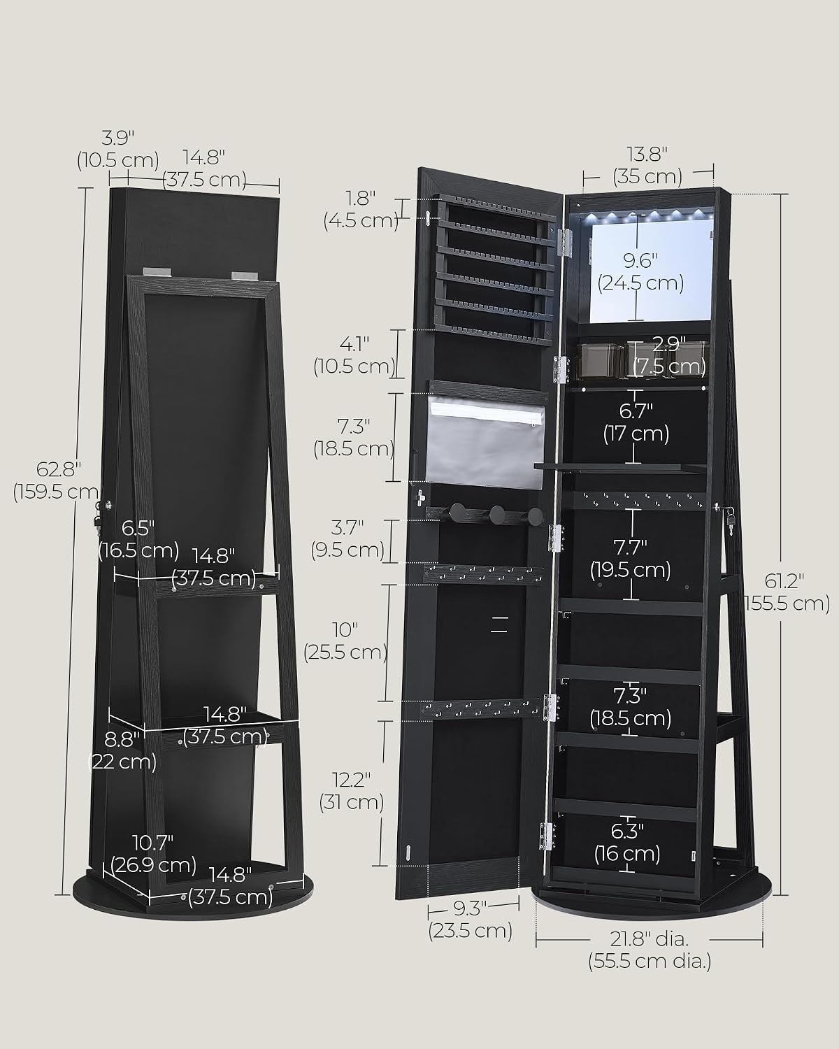 image:imageSONGMICS HOME LED Standing Jewelry Armoire Vanity Mirror with StorageBlack