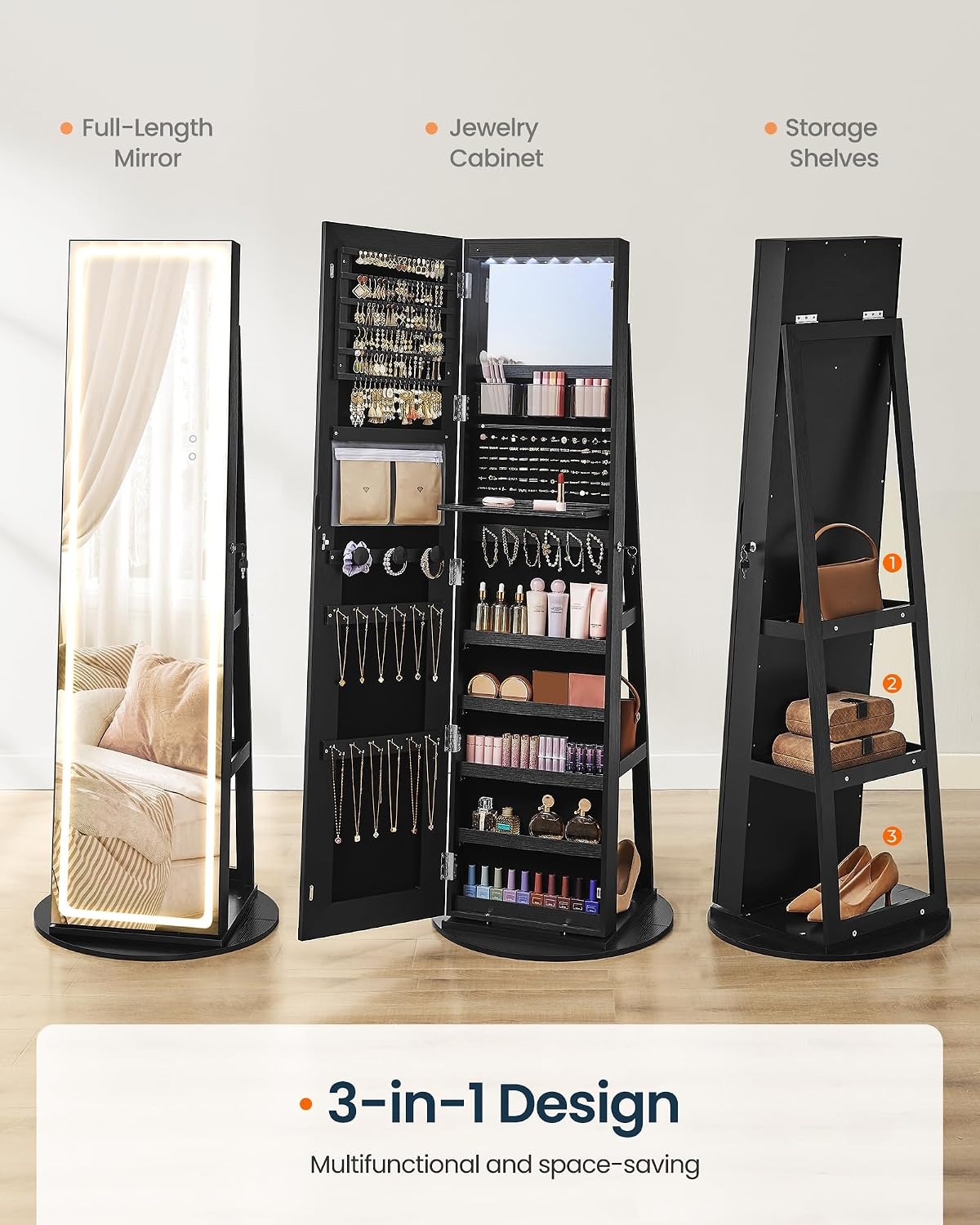 image:imageSONGMICS HOME LED Standing Jewelry Armoire Vanity Mirror with StorageBlack