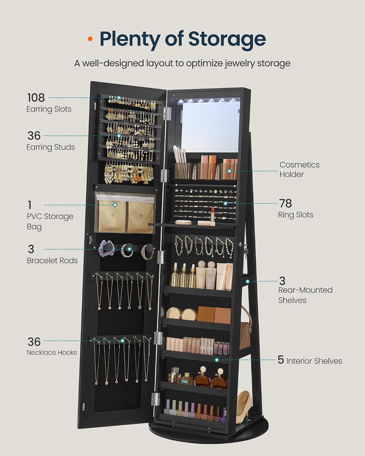 image:imageSONGMICS HOME LED Standing Jewelry Armoire Vanity Mirror with StorageBlack