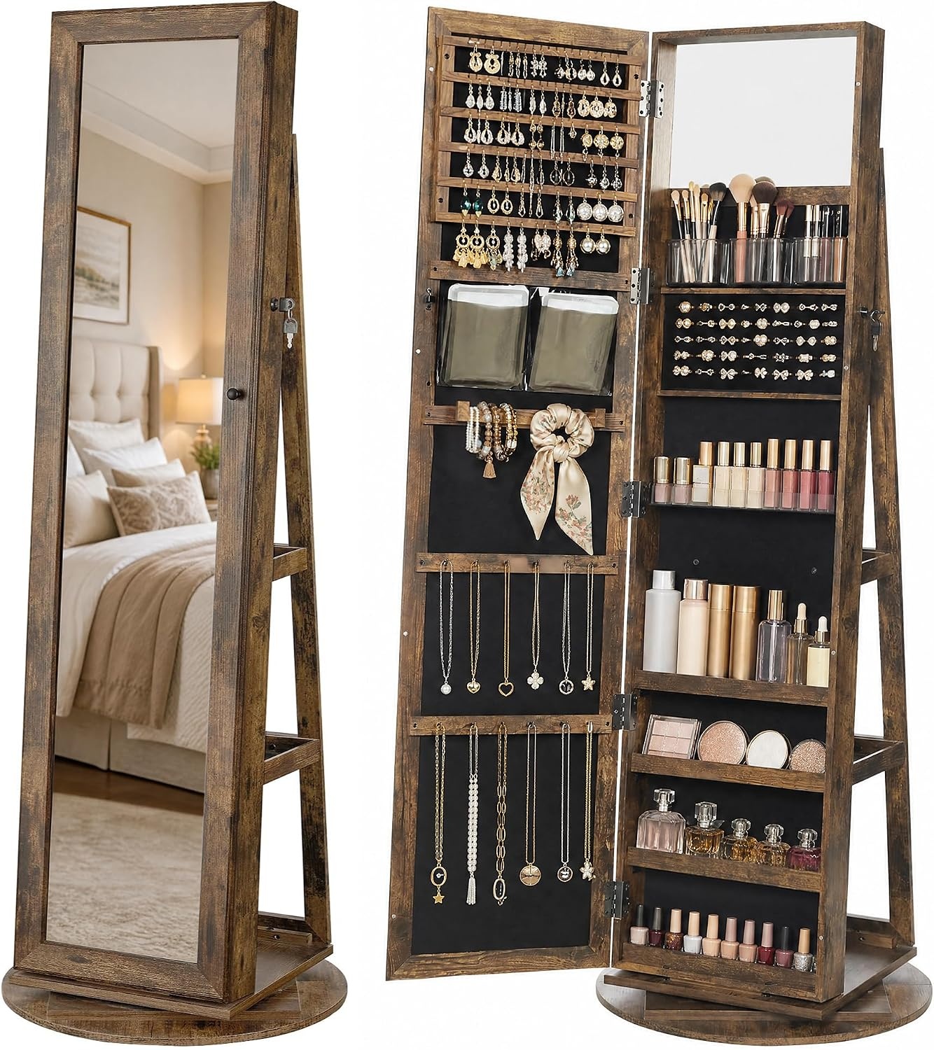 image:imageSONGMICS HOME LED Standing Jewelry Armoire Vanity Mirror with StorageRustic Brown