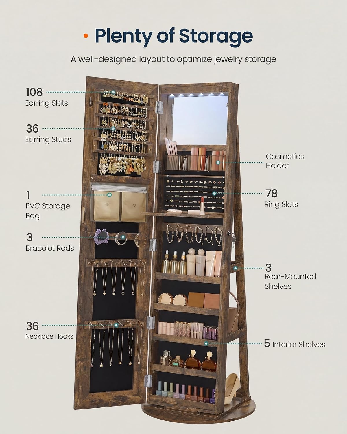 image:imageSONGMICS HOME LED Standing Jewelry Armoire Vanity Mirror with StorageRustic Brown