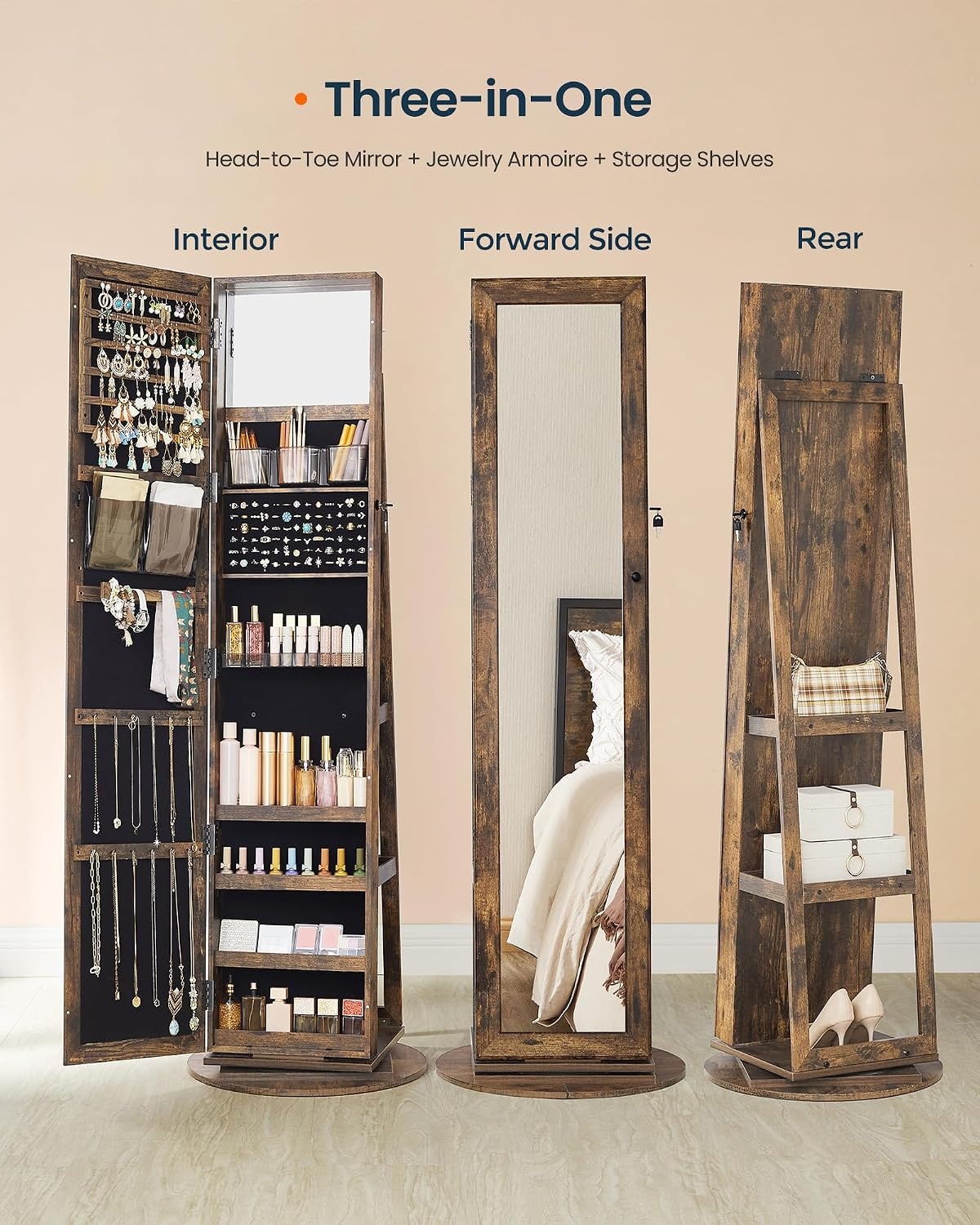 image:imageSONGMICS HOME LED Standing Jewelry Armoire Vanity Mirror with StorageRustic Brown