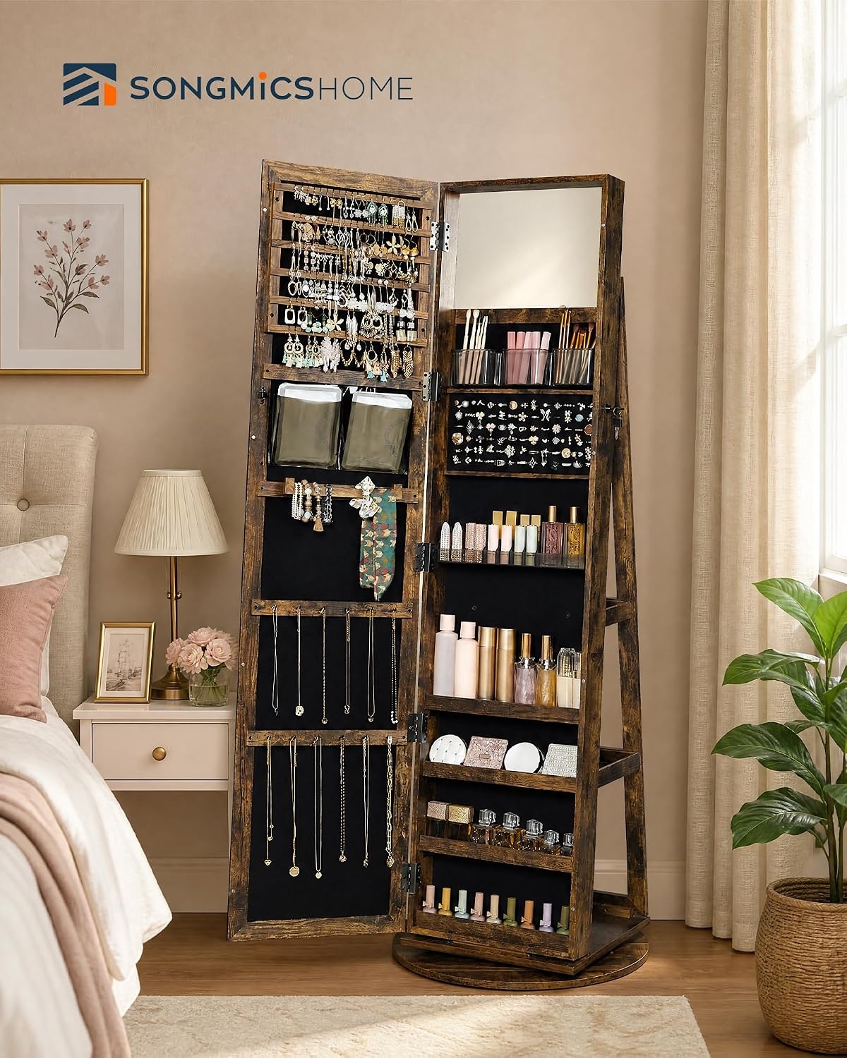 image:imageSONGMICS HOME LED Standing Jewelry Armoire Vanity Mirror with StorageRustic Brown