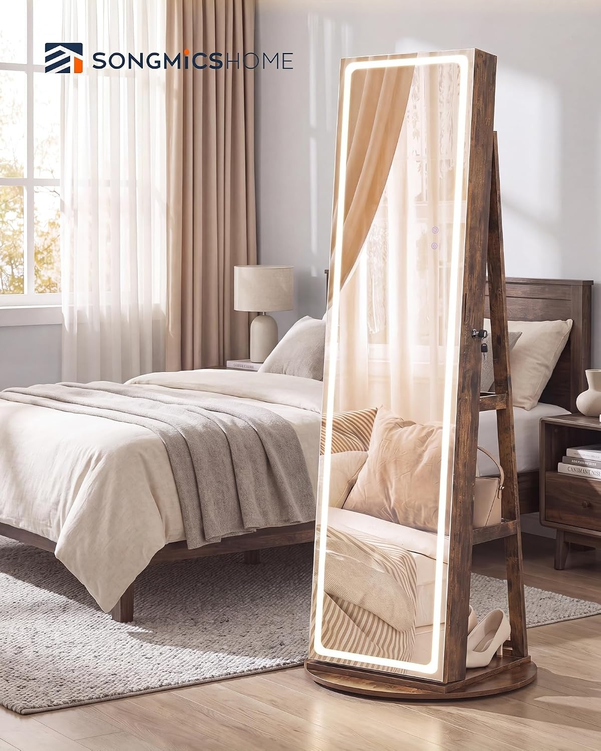 image:imageSONGMICS HOME LED Standing Jewelry Armoire Vanity Mirror with StorageRustic Brown
