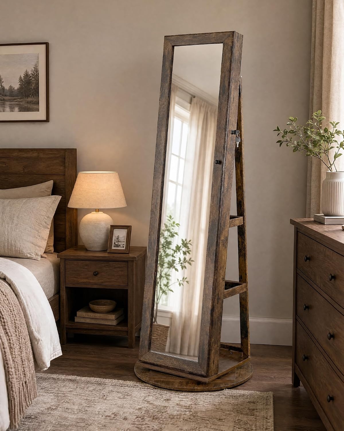 image:imageSONGMICS HOME LED Standing Jewelry Armoire Vanity Mirror with StorageRustic Brown