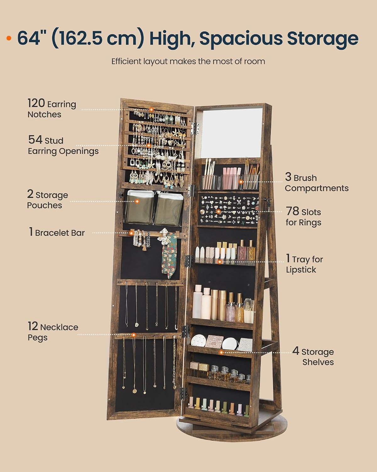 image:imageSONGMICS HOME LED Standing Jewelry Armoire Vanity Mirror with StorageRustic Brown