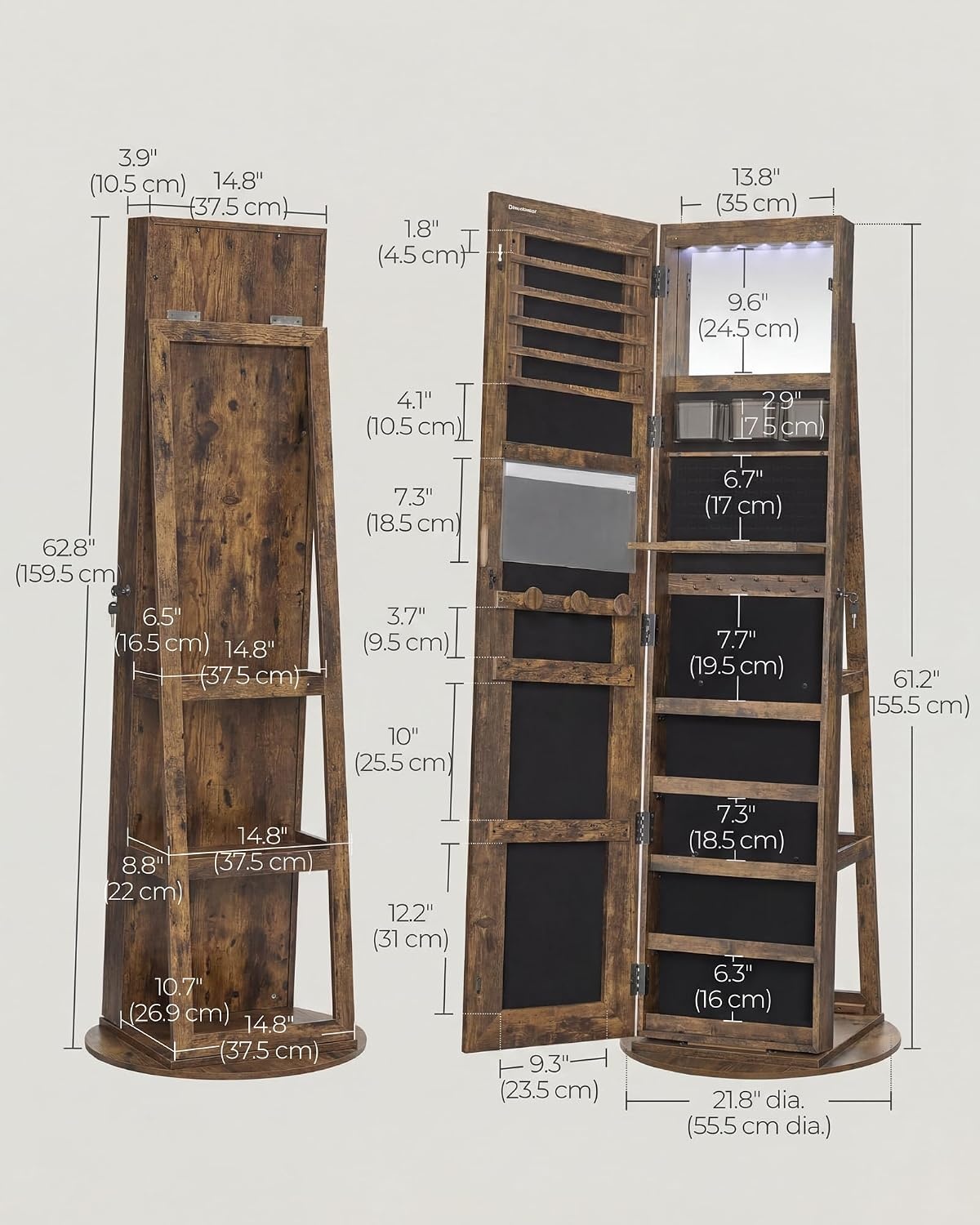 image:imageSONGMICS HOME LED Standing Jewelry Armoire Vanity Mirror with StorageRustic Brown
