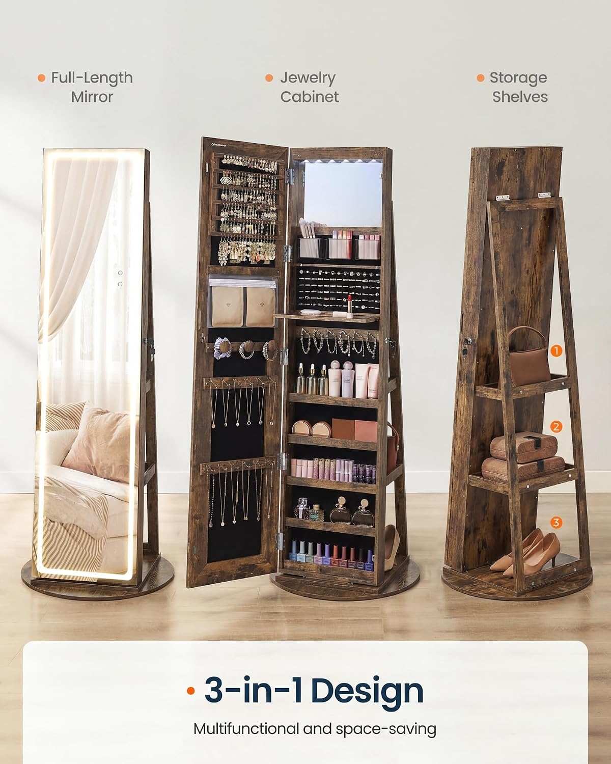 image:imageSONGMICS HOME LED Standing Jewelry Armoire Vanity Mirror with StorageRustic Brown