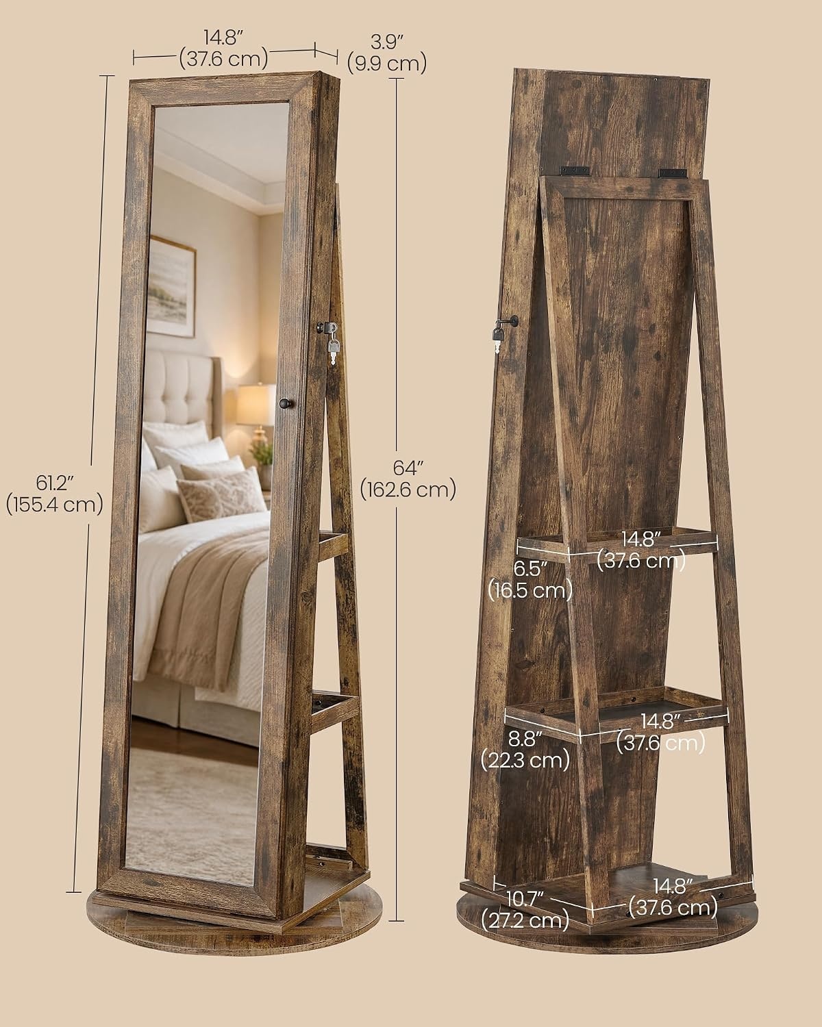 image:imageSONGMICS HOME LED Standing Jewelry Armoire Vanity Mirror with StorageRustic Brown