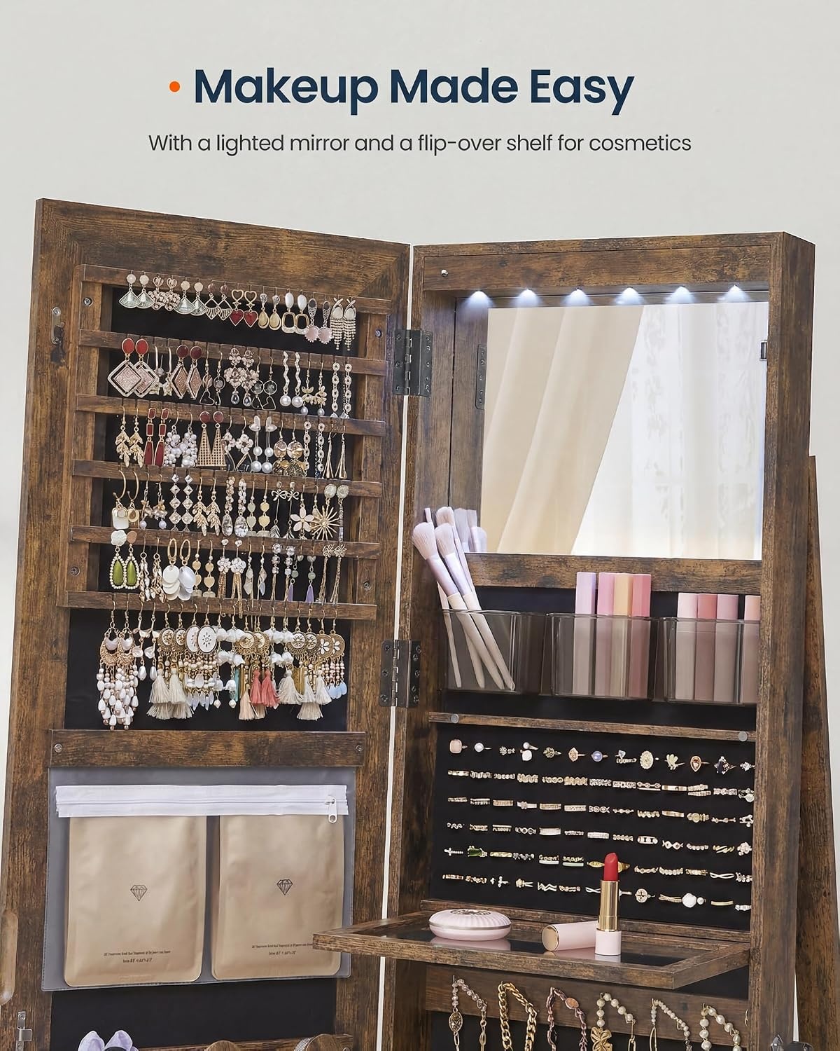 image:imageSONGMICS HOME LED Standing Jewelry Armoire Vanity Mirror with StorageRustic Brown