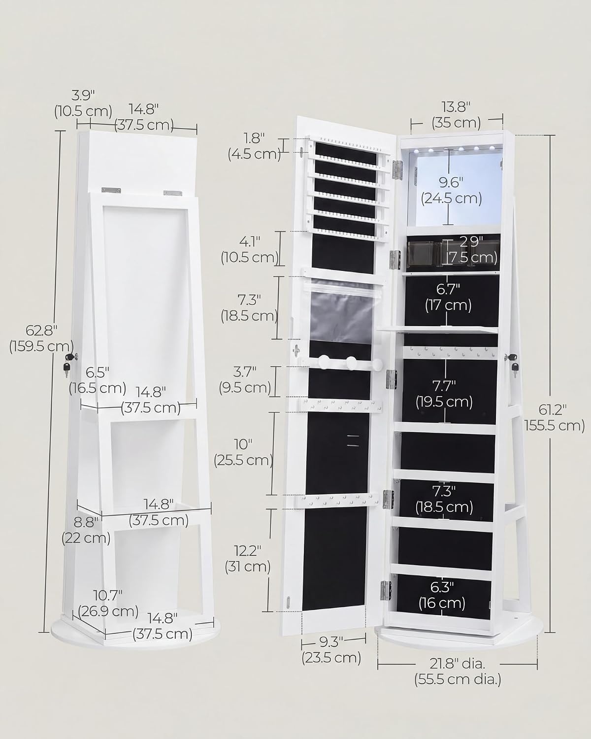 image:imageSONGMICS HOME LED Standing Jewelry Armoire Vanity Mirror with StorageWhite