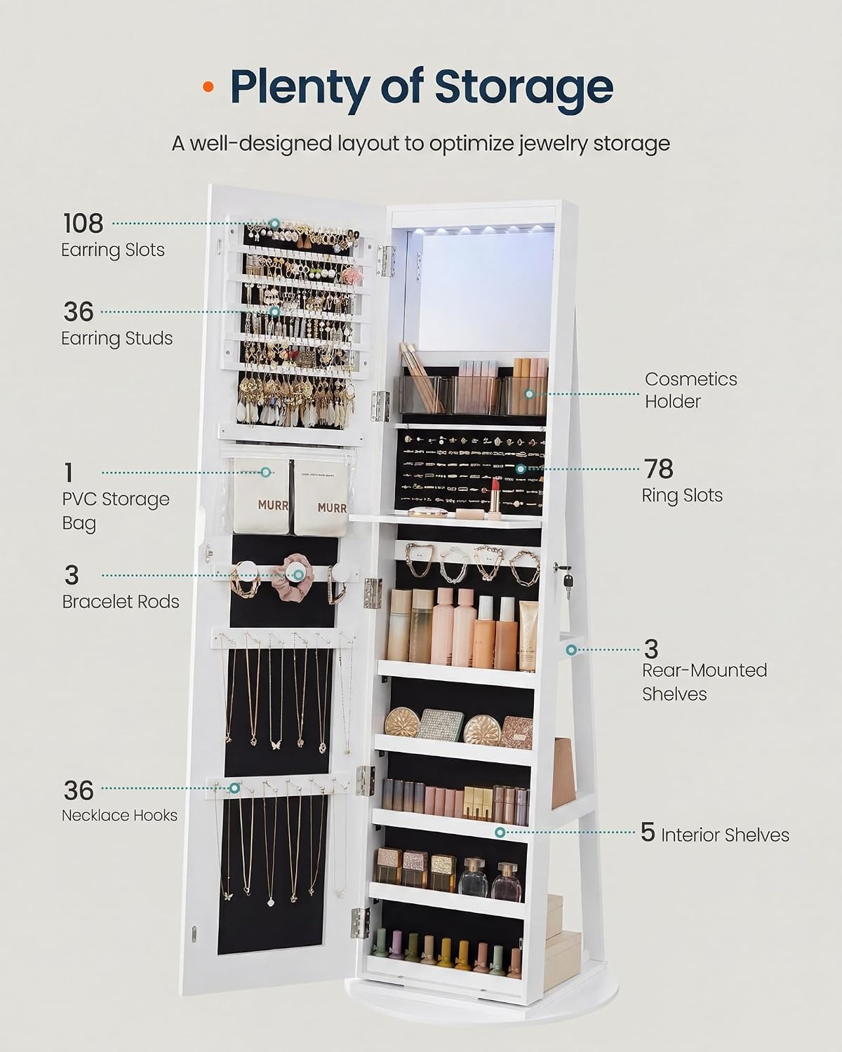 image:imageSONGMICS HOME LED Standing Jewelry Armoire Vanity Mirror with StorageWhite