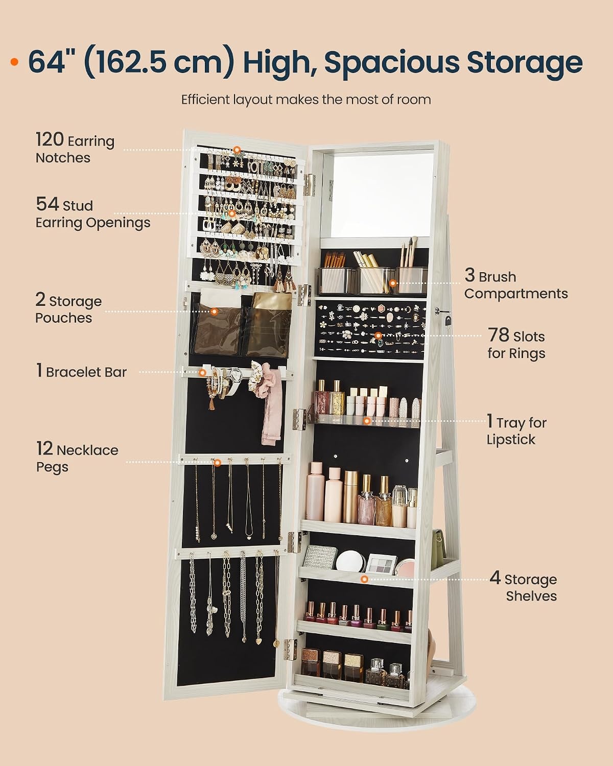 image:imageSONGMICS HOME LED Standing Jewelry Armoire Vanity Mirror with StorageWhite