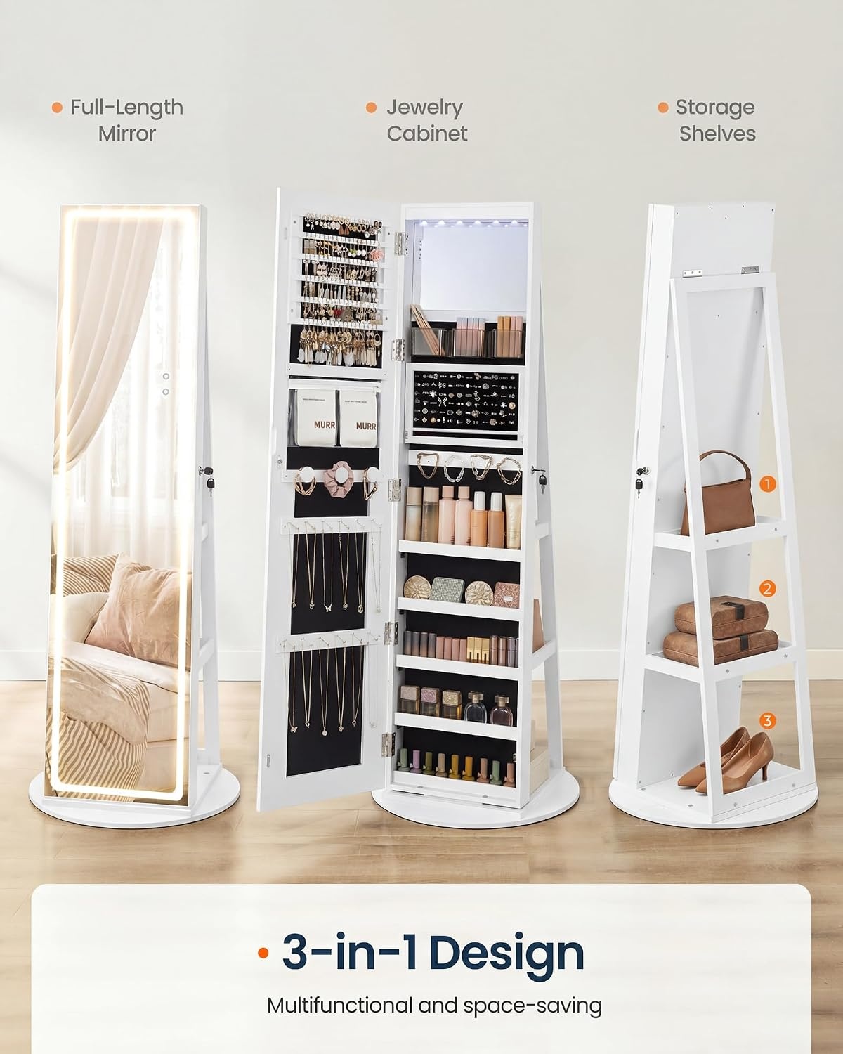 image:imageSONGMICS HOME LED Standing Jewelry Armoire Vanity Mirror with StorageWhite