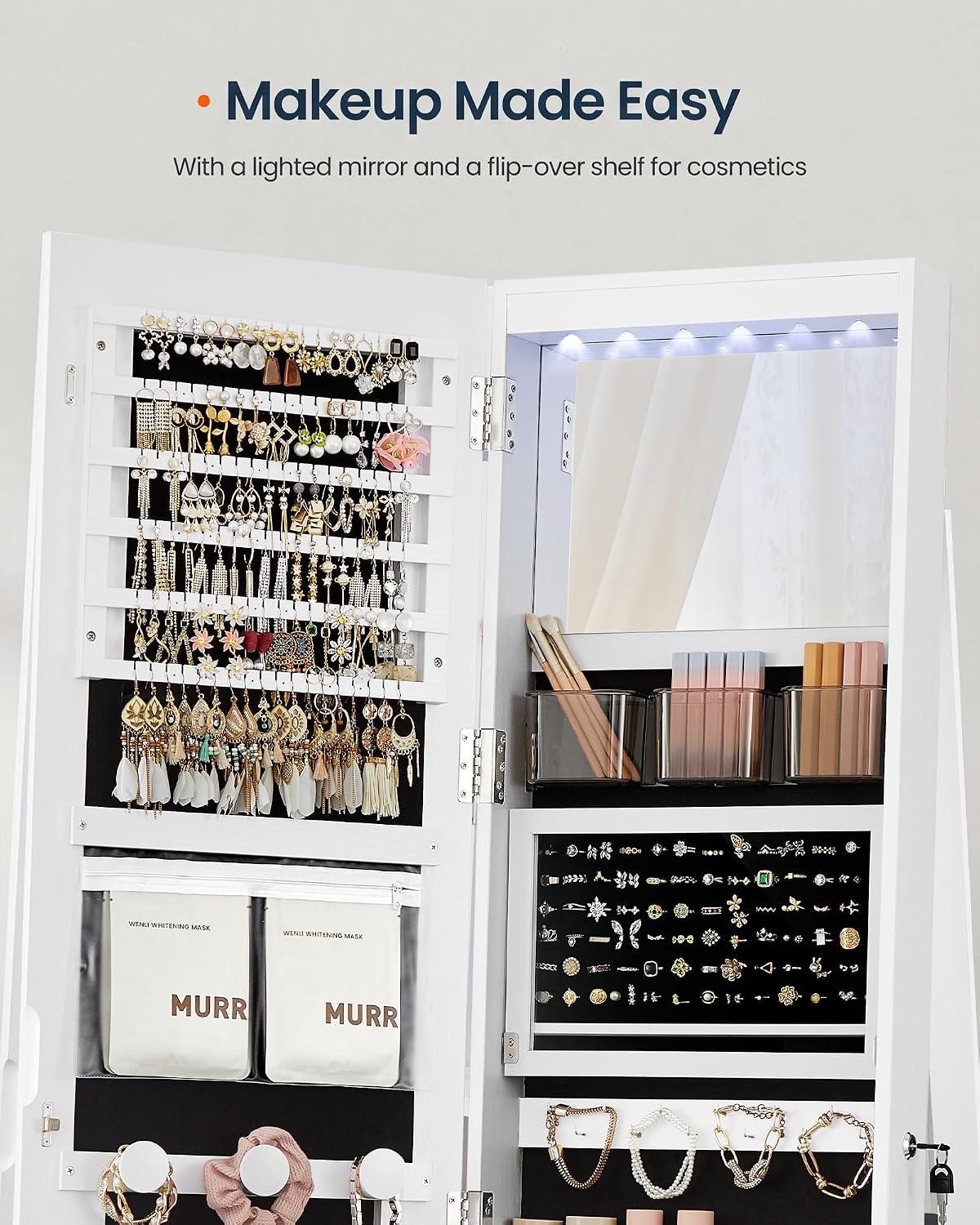 image:imageSONGMICS HOME LED Standing Jewelry Armoire Vanity Mirror with StorageWhite