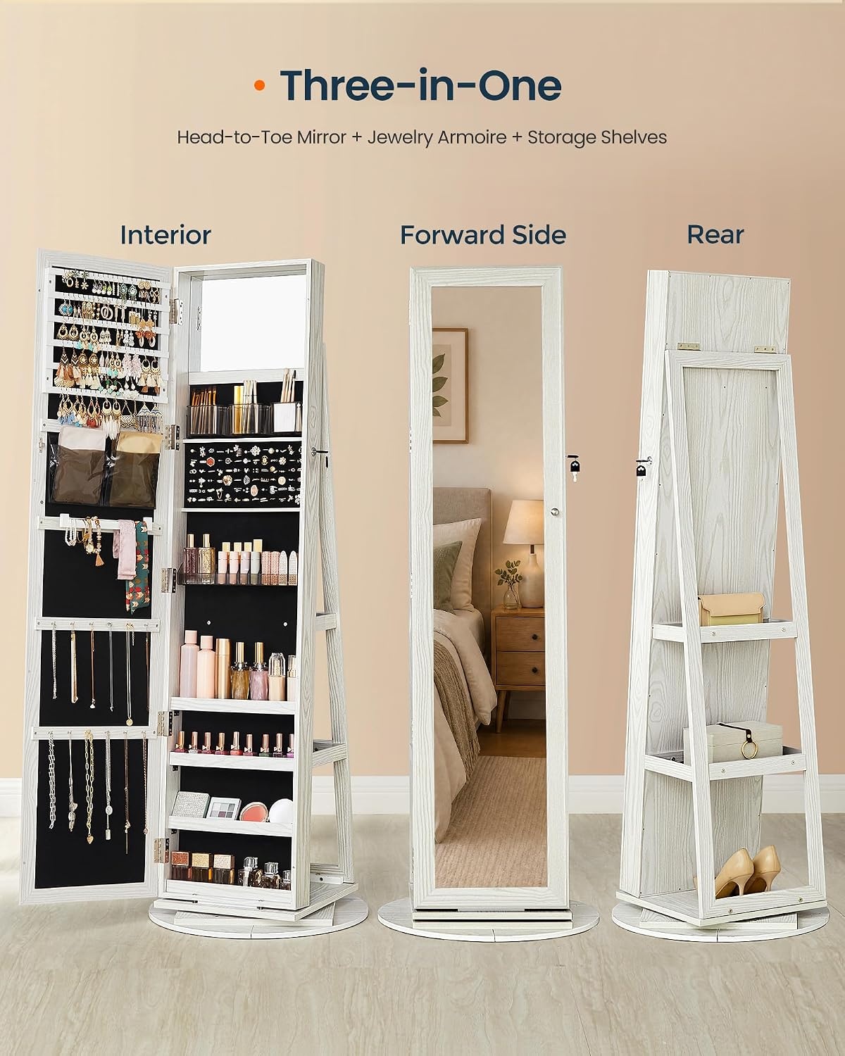 image:imageSONGMICS HOME LED Standing Jewelry Armoire Vanity Mirror with StorageWhite