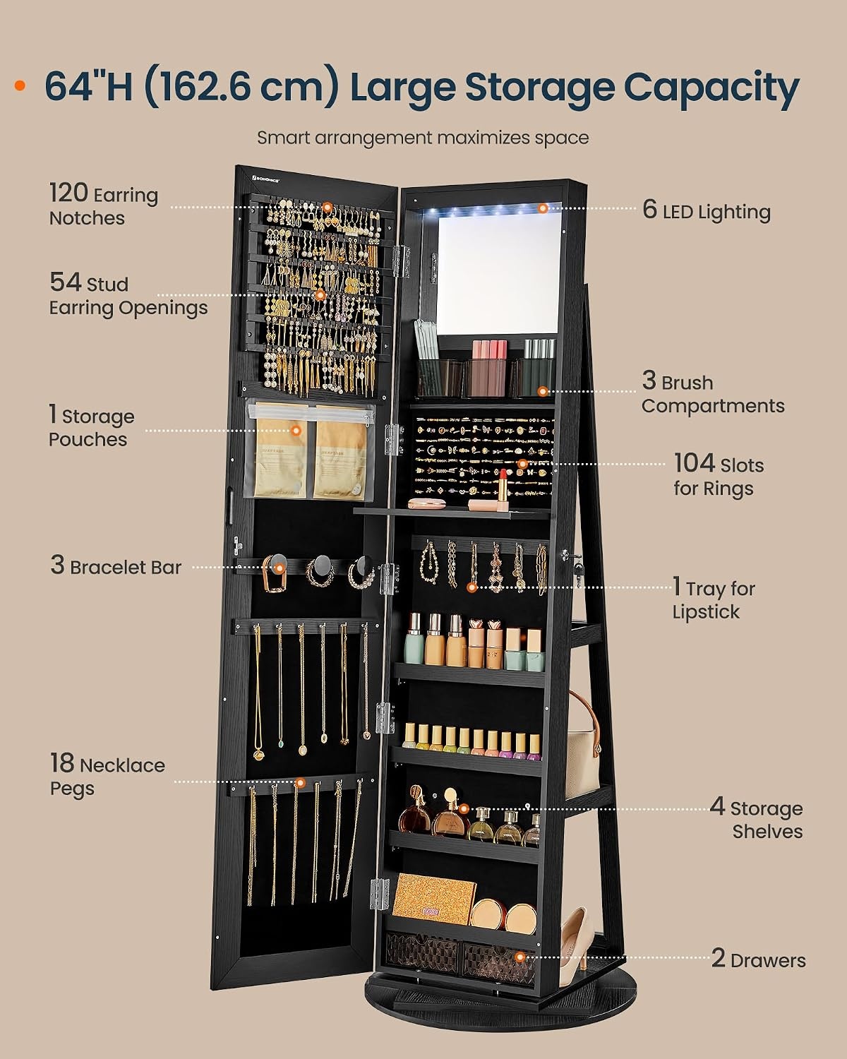 image:imageSONGMICS HOME Standing Jewelry Armoire Full Length Mirror with StorageBlack
