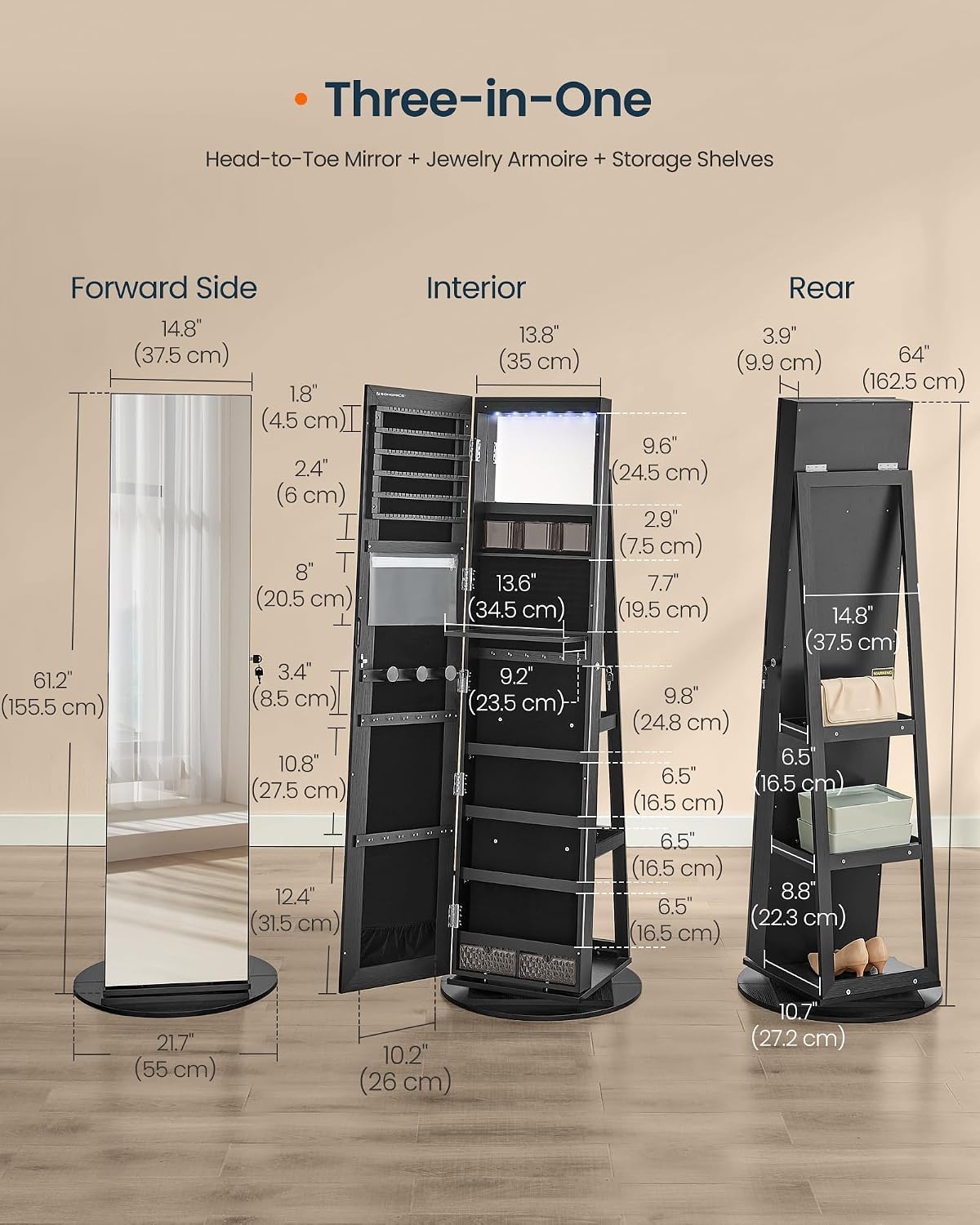 image:imageSONGMICS HOME Standing Jewelry Armoire Full Length Mirror with StorageBlack