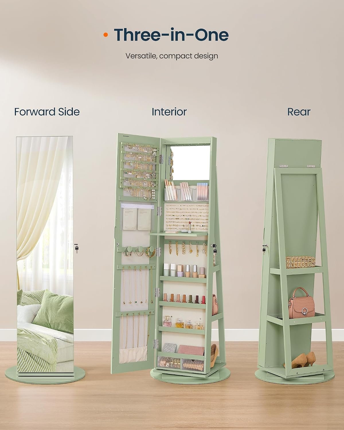 image:imageSONGMICS HOME Standing Jewelry Armoire Full Length Mirror with StorageLaurel Green Cream White