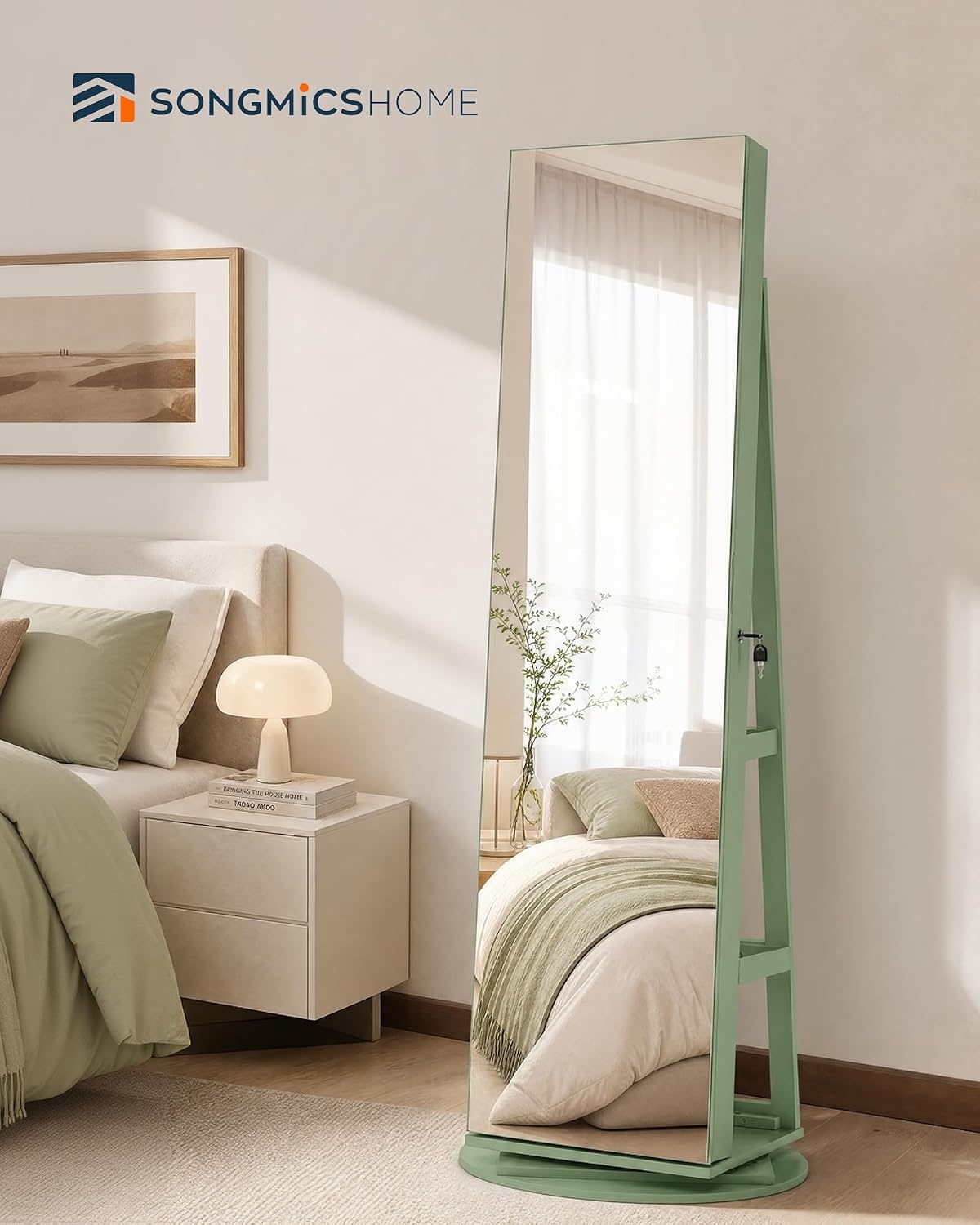 image:imageSONGMICS HOME Standing Jewelry Armoire Full Length Mirror with StorageLaurel Green Cream White