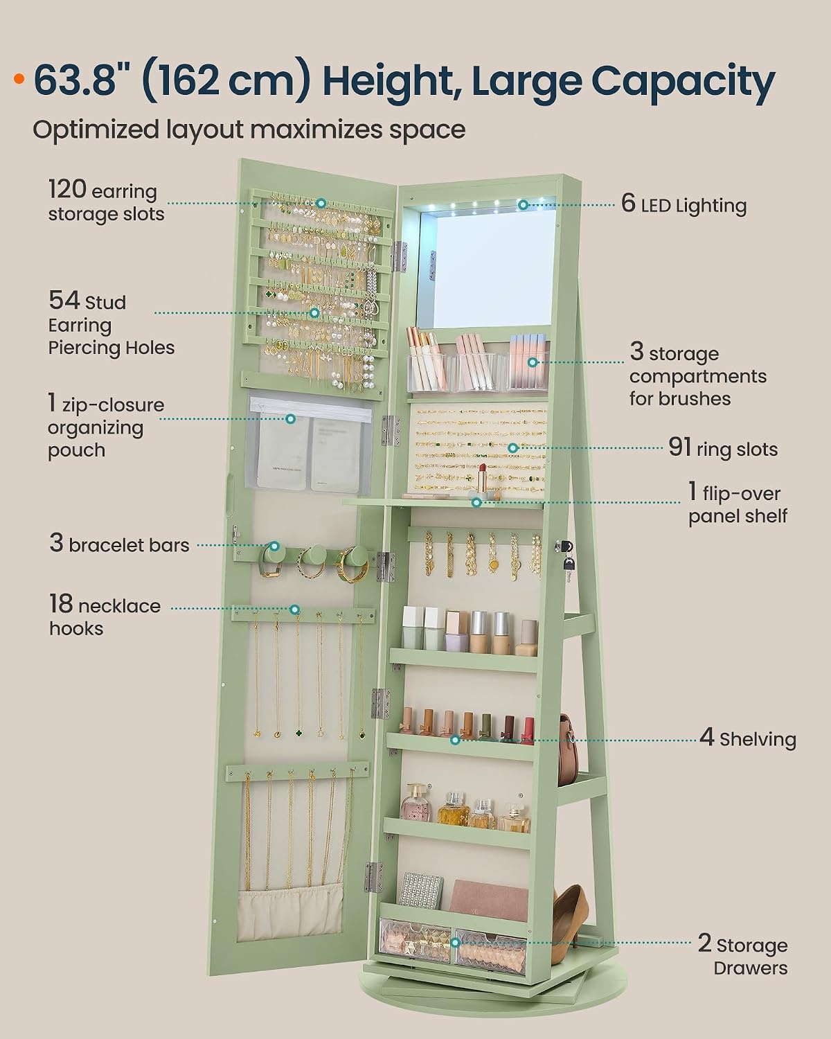 image:imageSONGMICS HOME Standing Jewelry Armoire Full Length Mirror with StorageLaurel Green Cream White