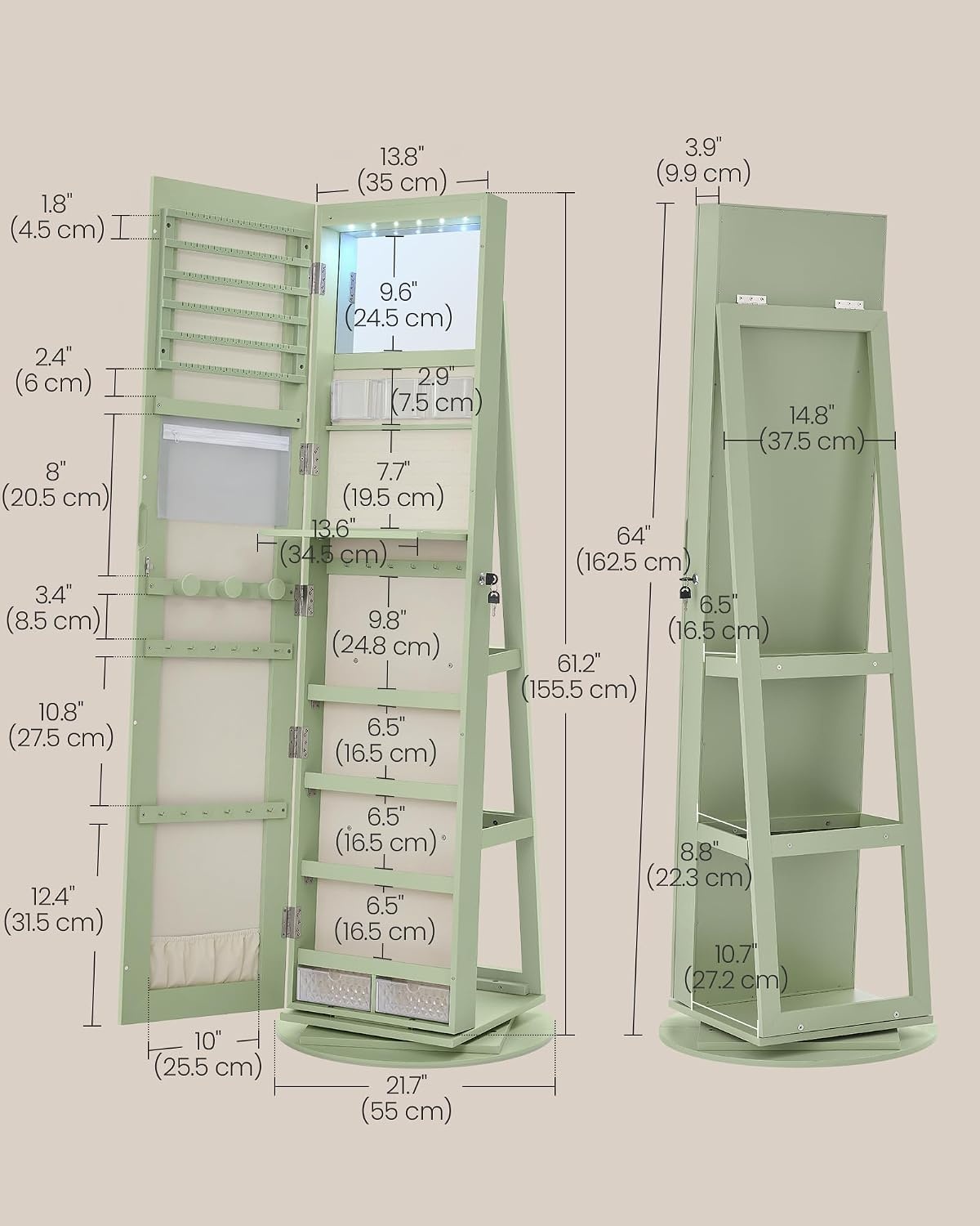 image:imageSONGMICS HOME Standing Jewelry Armoire Full Length Mirror with StorageLaurel Green Cream White