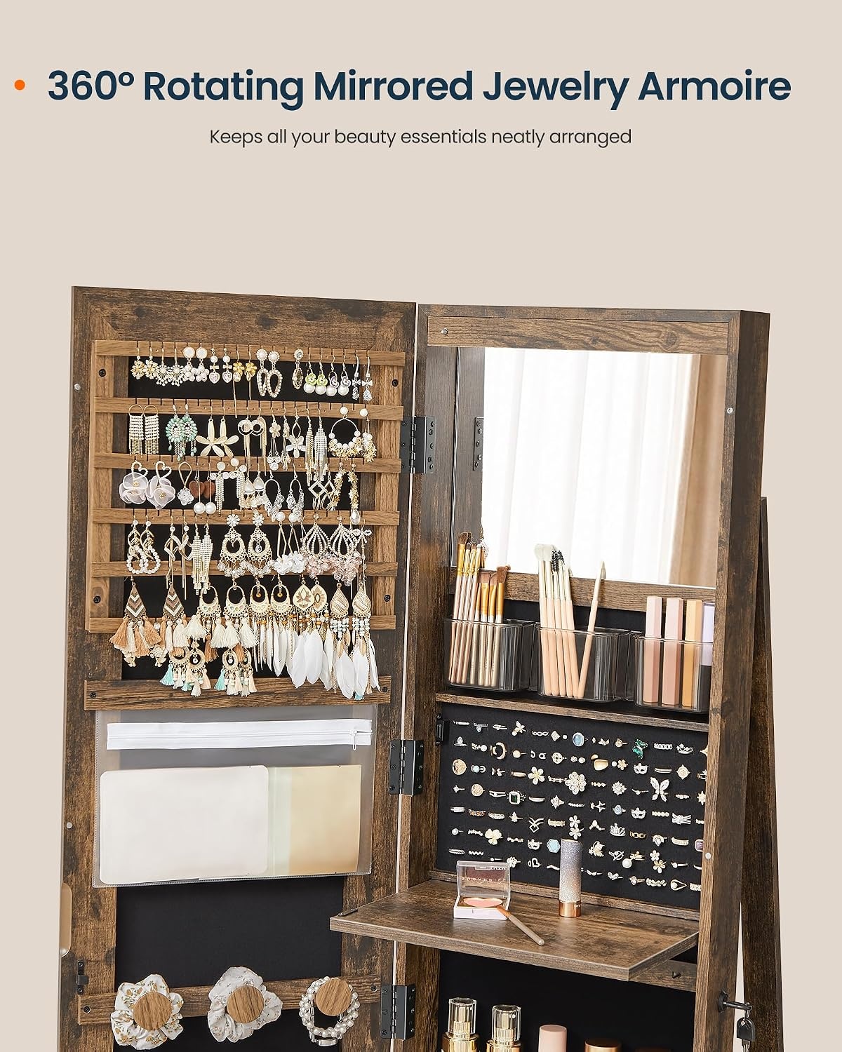 image:imageSONGMICS HOME Standing Jewelry Armoire Full Length Mirror with StorageRustic Brown