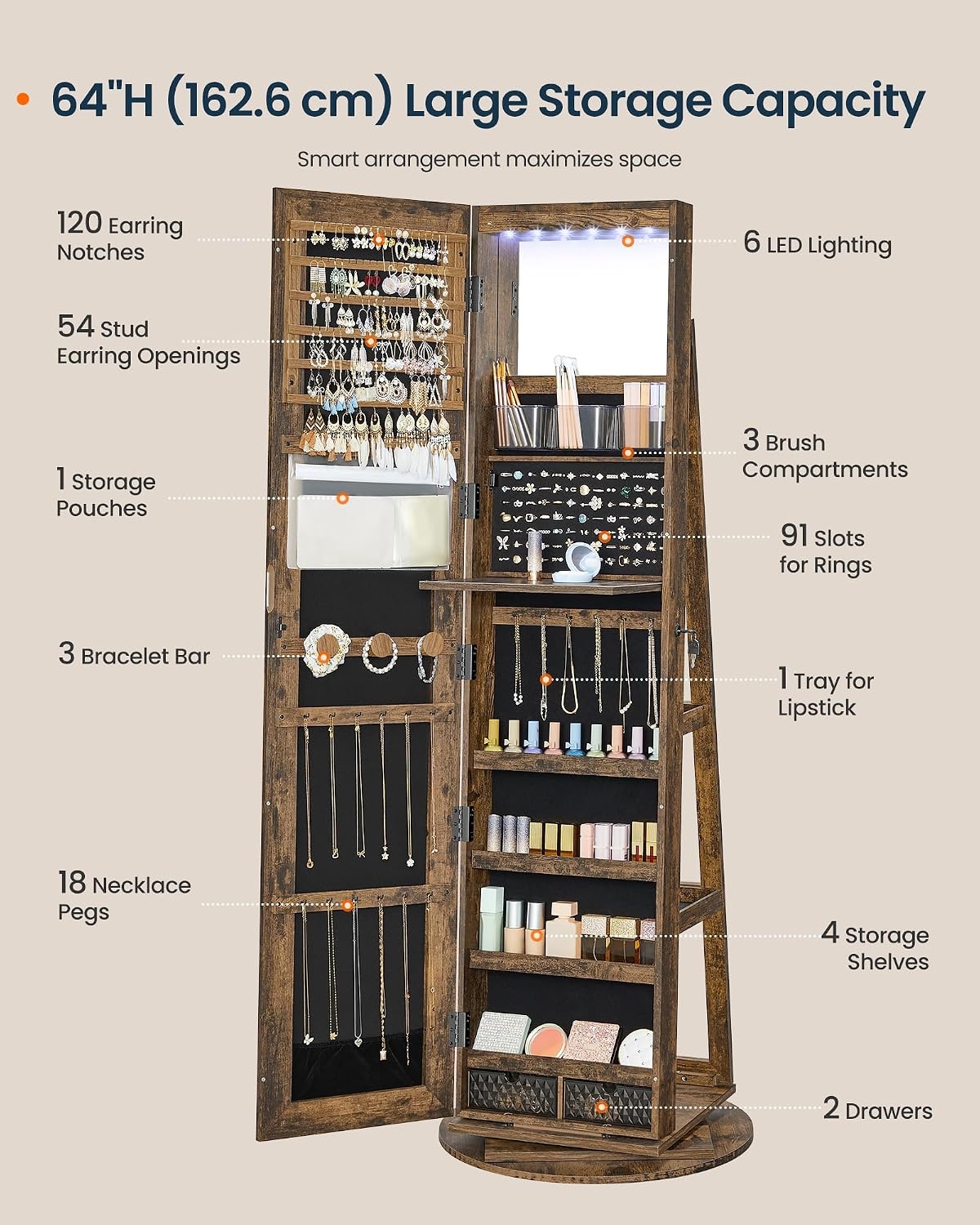 image:imageSONGMICS HOME Standing Jewelry Armoire Full Length Mirror with StorageRustic Brown