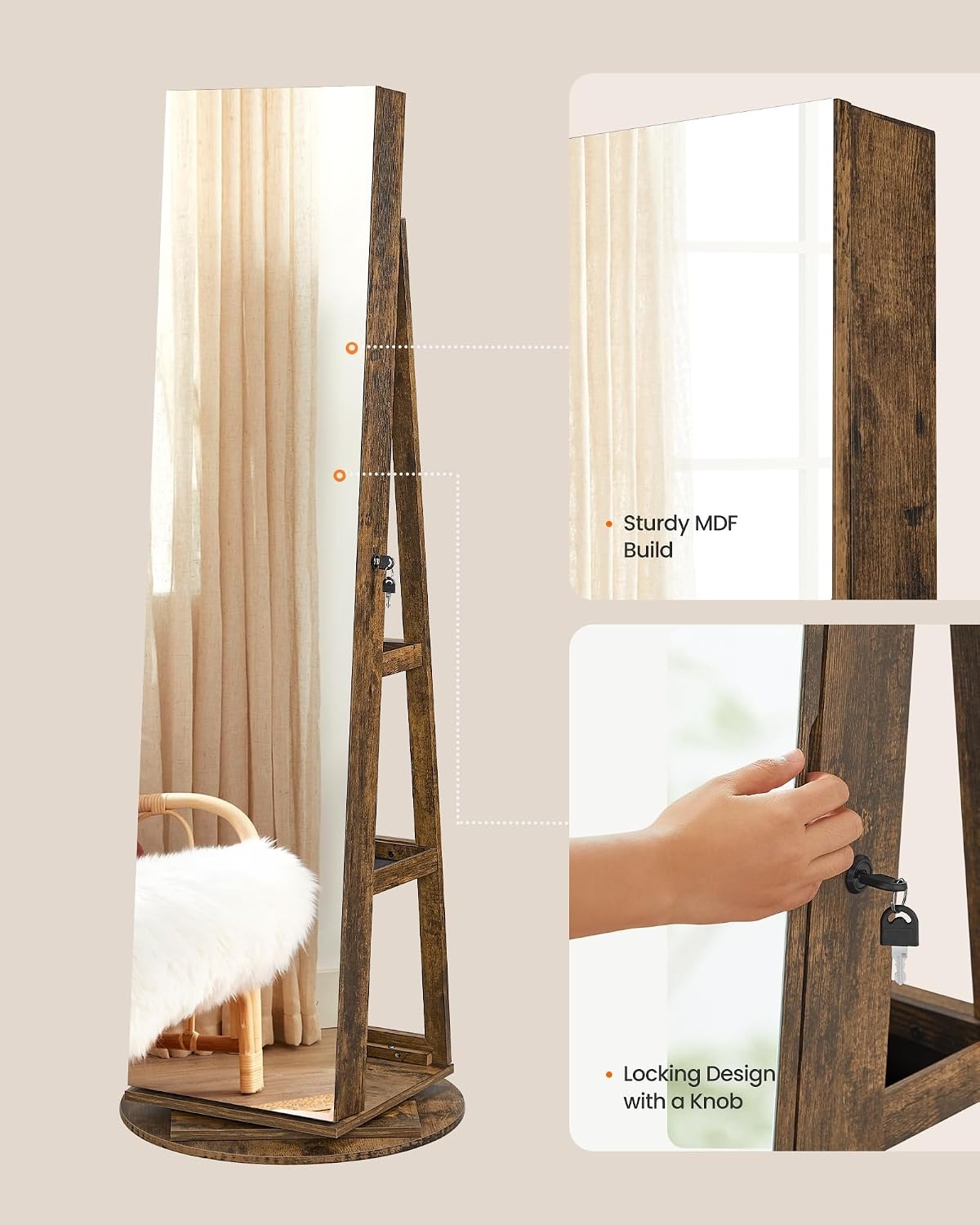 image:imageSONGMICS HOME Standing Jewelry Armoire Full Length Mirror with StorageRustic Brown