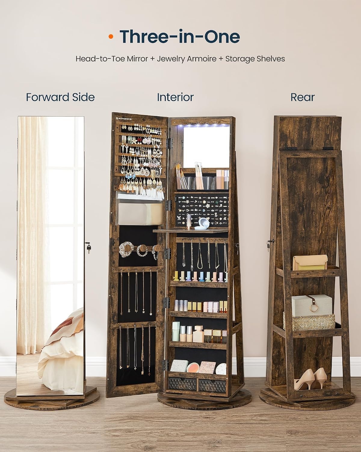 image:imageSONGMICS HOME Standing Jewelry Armoire Full Length Mirror with StorageRustic Brown