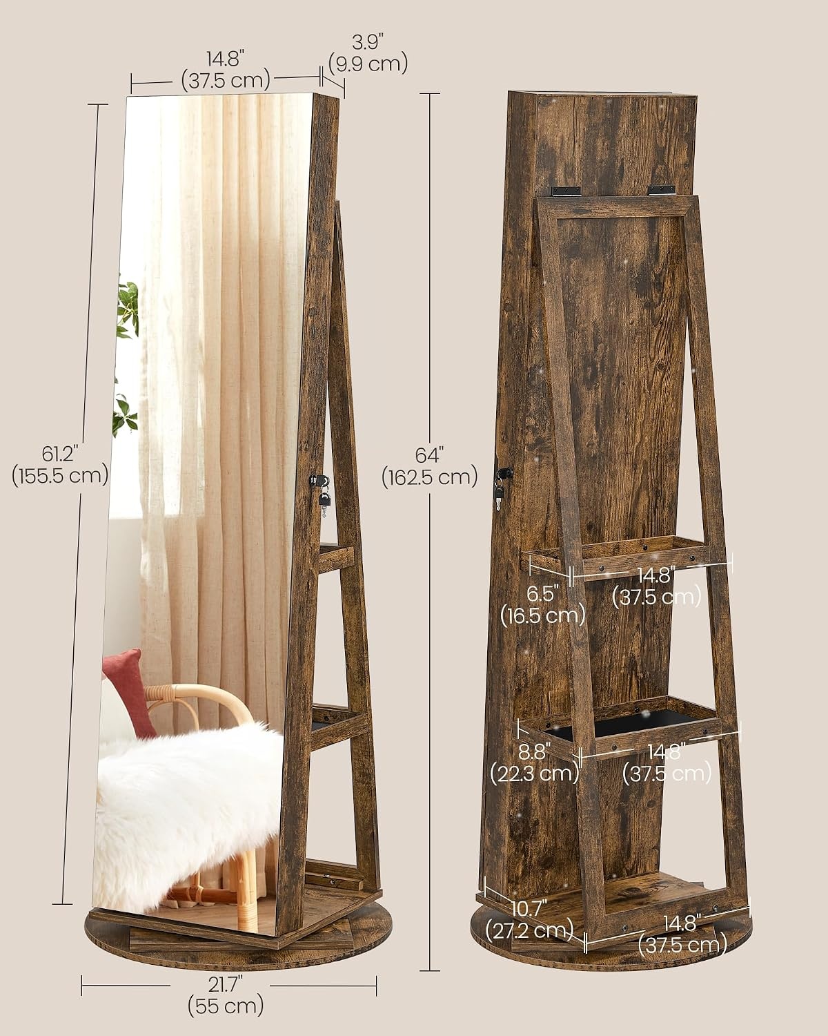 image:imageSONGMICS HOME Standing Jewelry Armoire Full Length Mirror with StorageRustic Brown