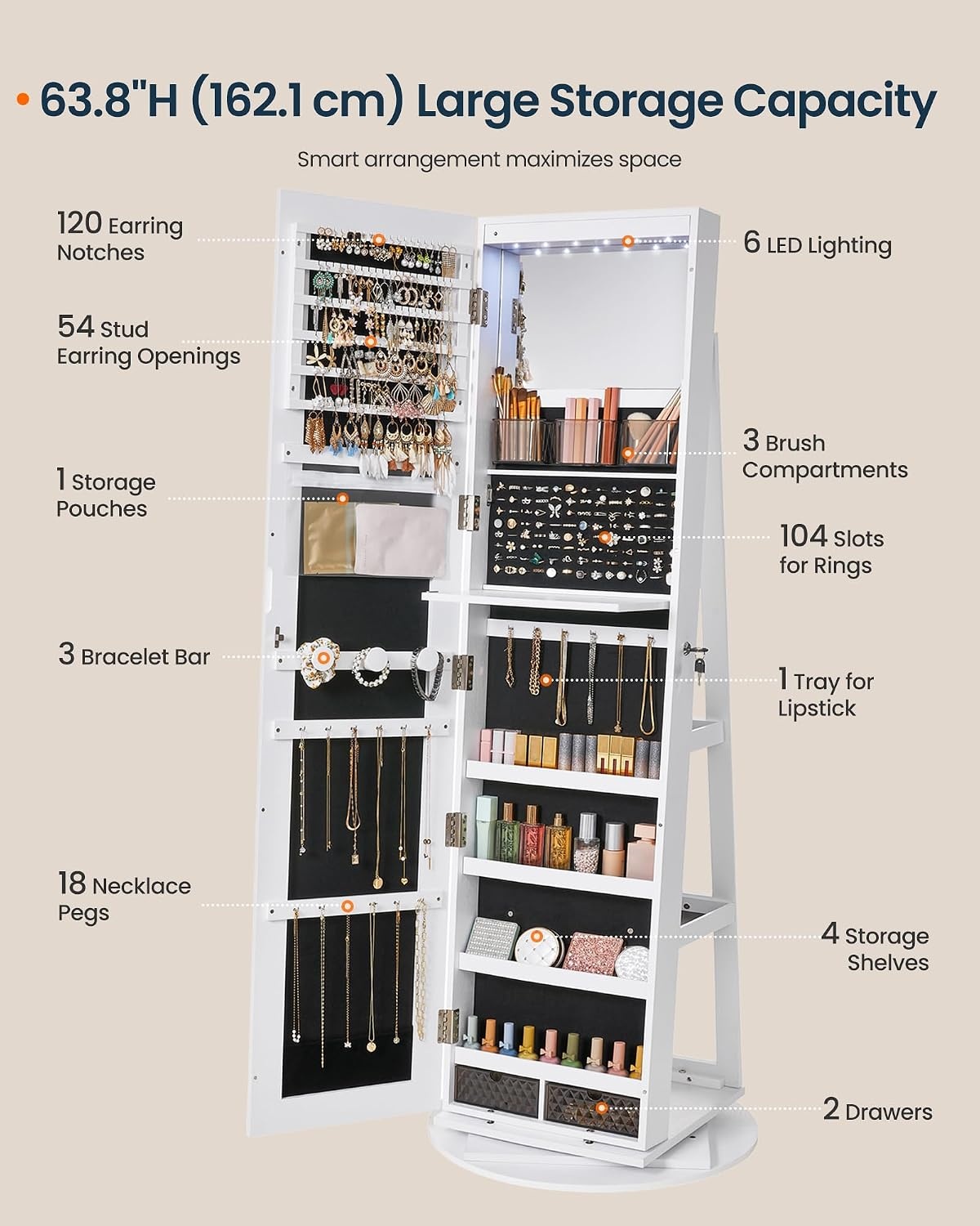 image:imageSONGMICS HOME Standing Jewelry Armoire Full Length Mirror with StorageWhite Black