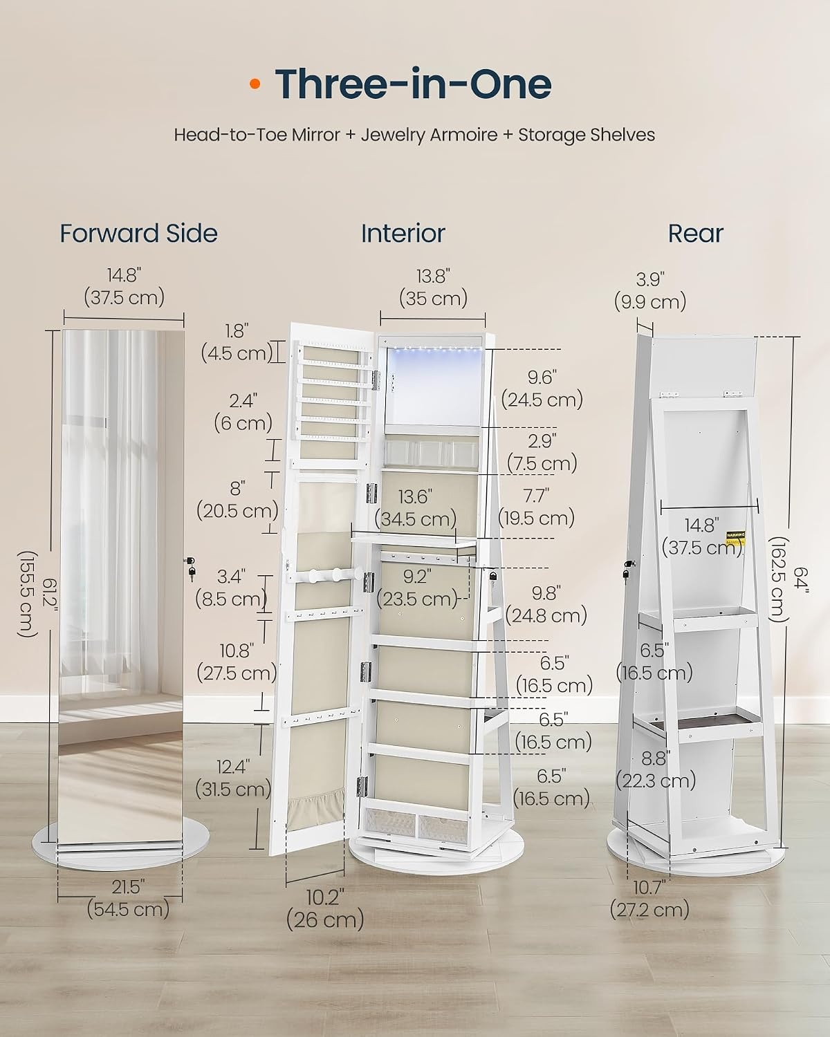 image:imageSONGMICS HOME Standing Jewelry Armoire Full Length Mirror with StorageWhite Greige