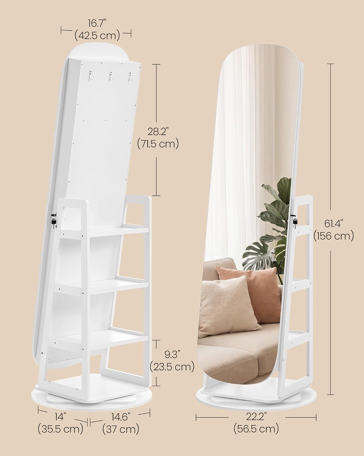image:imageSONGMICS HOME Standing Jewelry Armoire Full Length Mirror with StorageWhite Greige