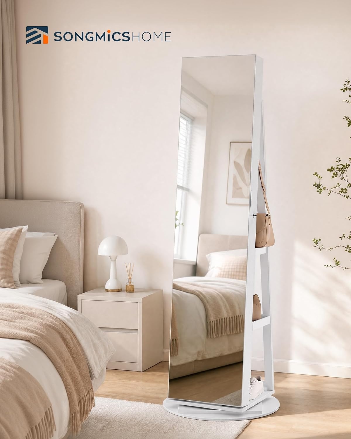 image:imageSONGMICS HOME Standing Jewelry Armoire Full Length Mirror with StorageWhite Greige