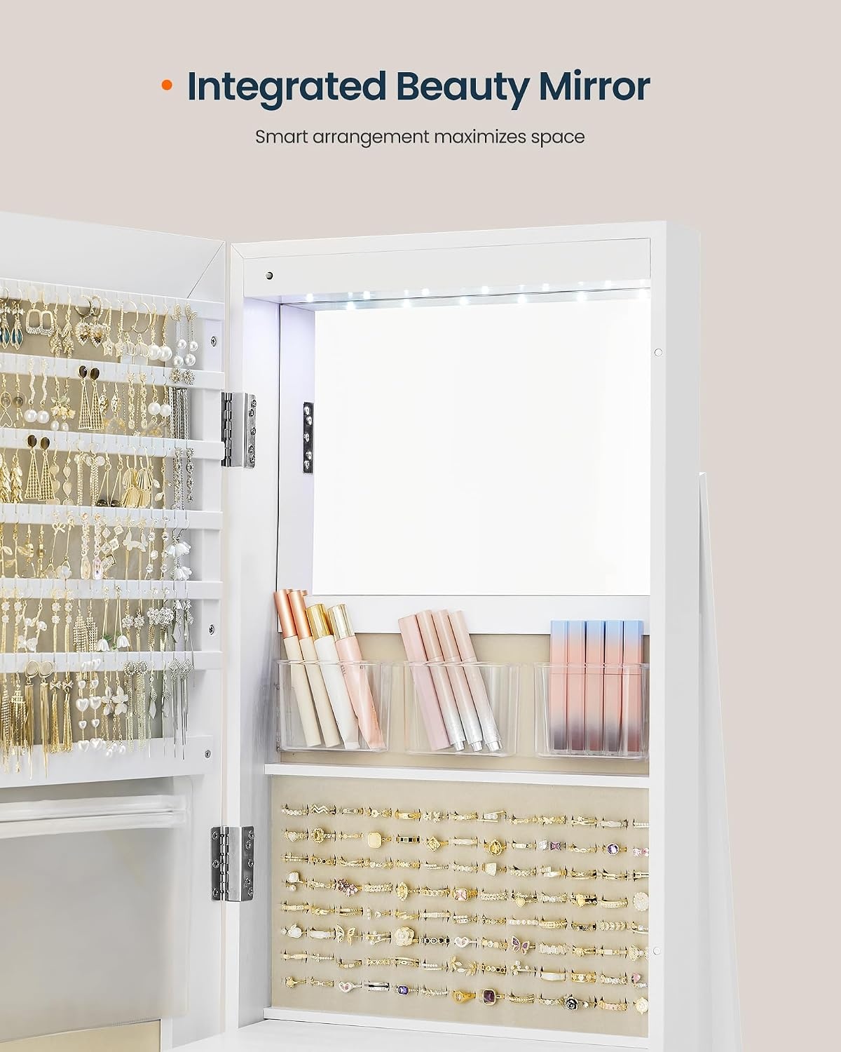 image:imageSONGMICS HOME Standing Jewelry Armoire Full Length Mirror with StorageWhite Greige