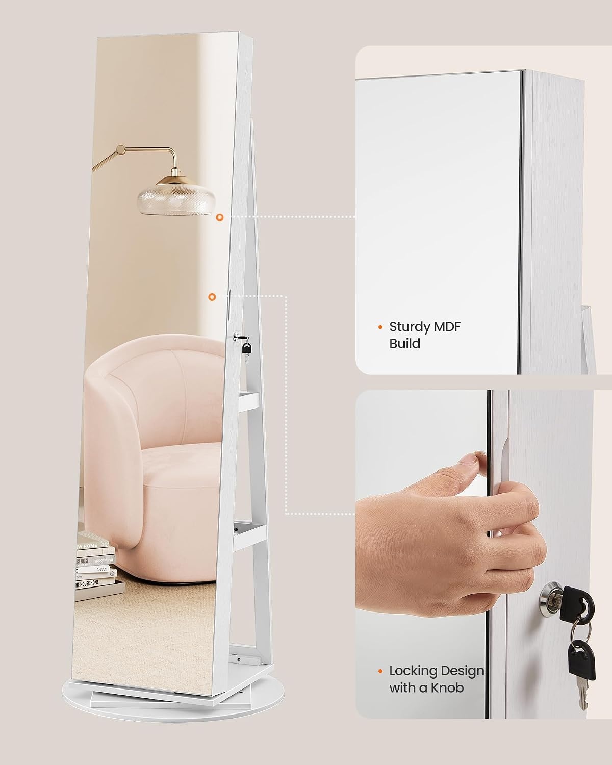 image:imageSONGMICS HOME Standing Jewelry Armoire Full Length Mirror with StorageWhite Greige