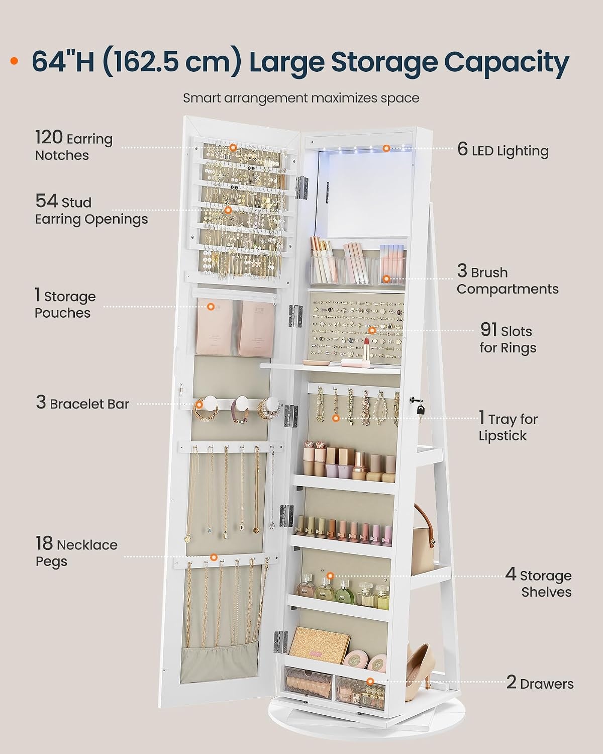 image:imageSONGMICS HOME Standing Jewelry Armoire Full Length Mirror with StorageWhite Greige
